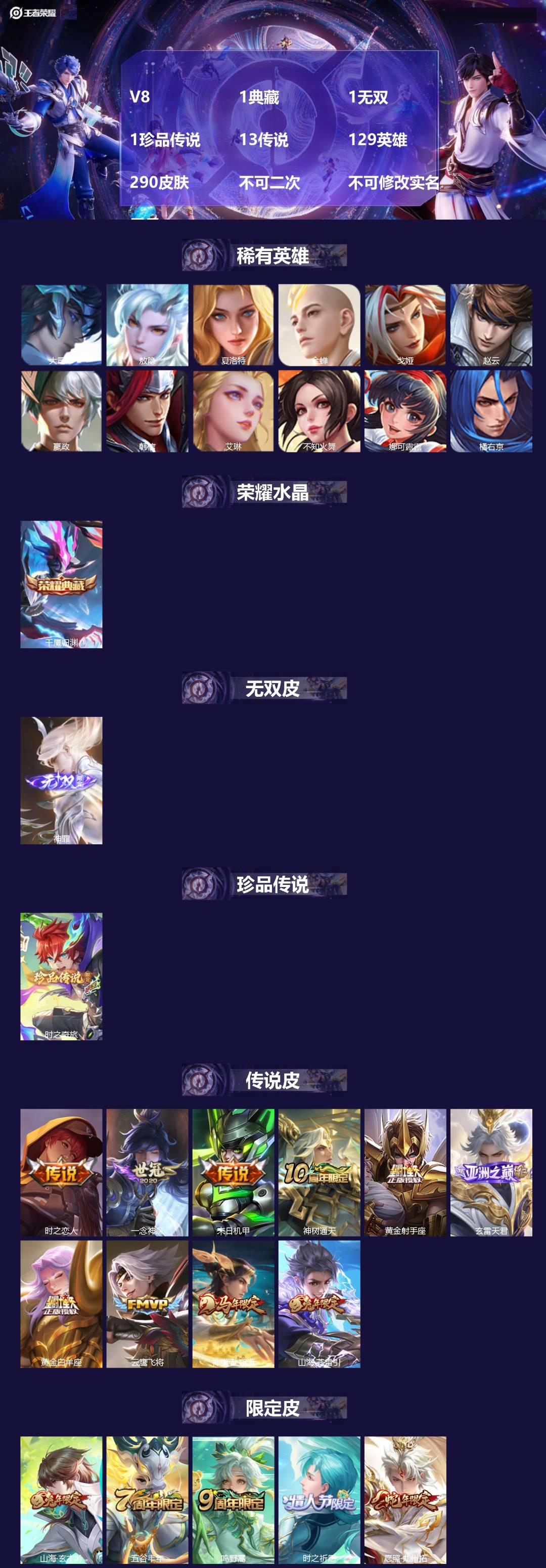 王者荣耀账号安卓QQV8 1典藏 1无双 1珍品传说 13传说 129英雄 290皮肤 不可二次 不可修改实名 男号 
