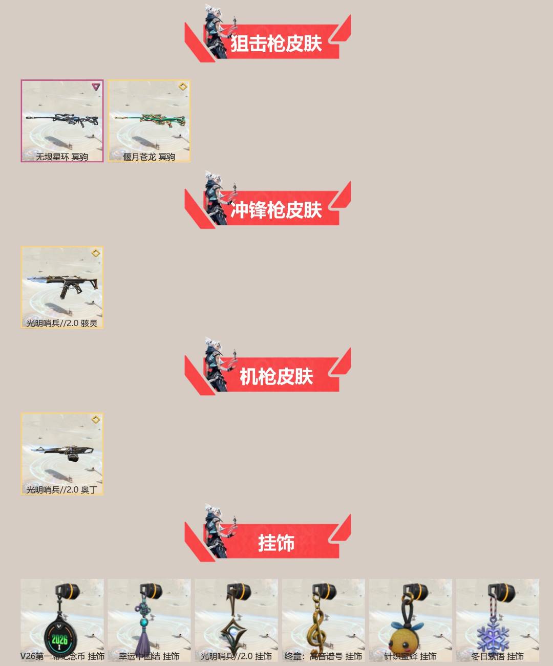 是本人 可二次实名 3卓越 11传奇 皮肤资产价值:23340 段位:未定级 [武器皮肤]圣石匕首-光明哨兵//2.0,蝴蝶刀-侦察力量,剥皮小刀-异形猎人,匕首-沙尘幻旅,短炮-光明哨兵2.0,正义-奇点,骇灵-光明哨兵2.0,幻影-光明哨兵2.0,狂徒-归零者,冥驹-偃月苍龙,奥丁-光明哨兵2.0,幻影-赛博迷城,狂徒-盖亚的复仇,冥驹-无垠星环 [道具]V26第一幕纪念币 挂饰,幸运中国结挂饰,光明哨兵//2.0挂饰,高音谱号挂饰,针织蜜蜂挂饰,冬日絮语挂饰