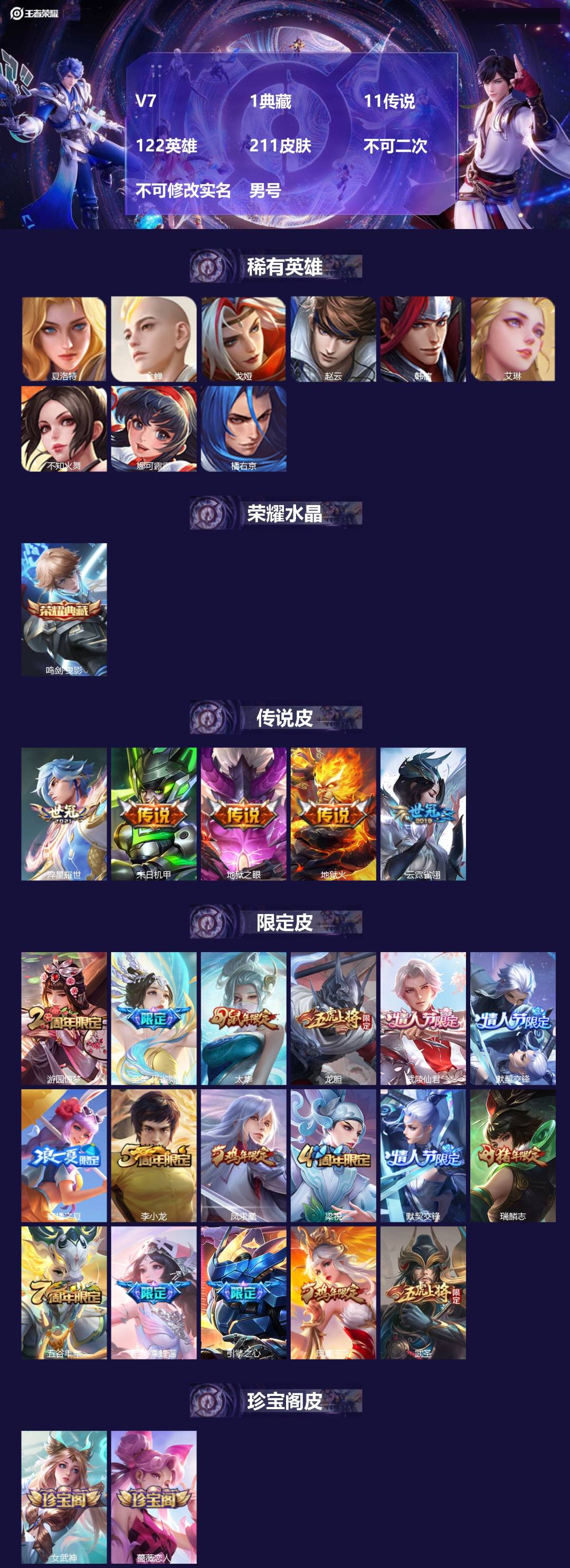 王者荣耀账号苹果QQ[21663673]V7 1典藏 11传说 122英雄 211皮肤 不可二次 不可修改实名 男号 
