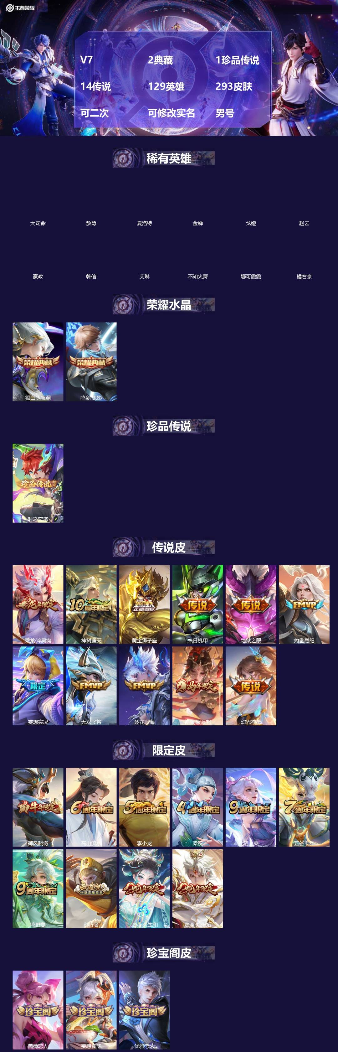 王者荣耀账号苹果QQ[21694814]V7 2典藏 1珍品传说 14传说 129英雄 293皮肤 可二次 可修改实名 