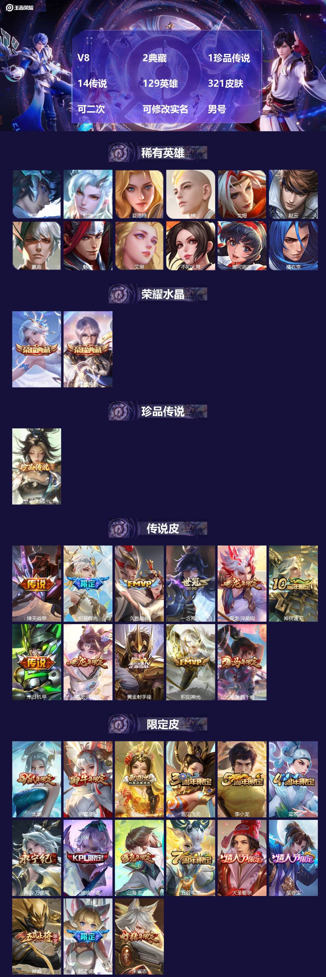 王者荣耀账号安卓QQ[21700716]V8 2典藏 1珍品传说 14传说 129英雄 321皮肤 可二次 可修改实名 