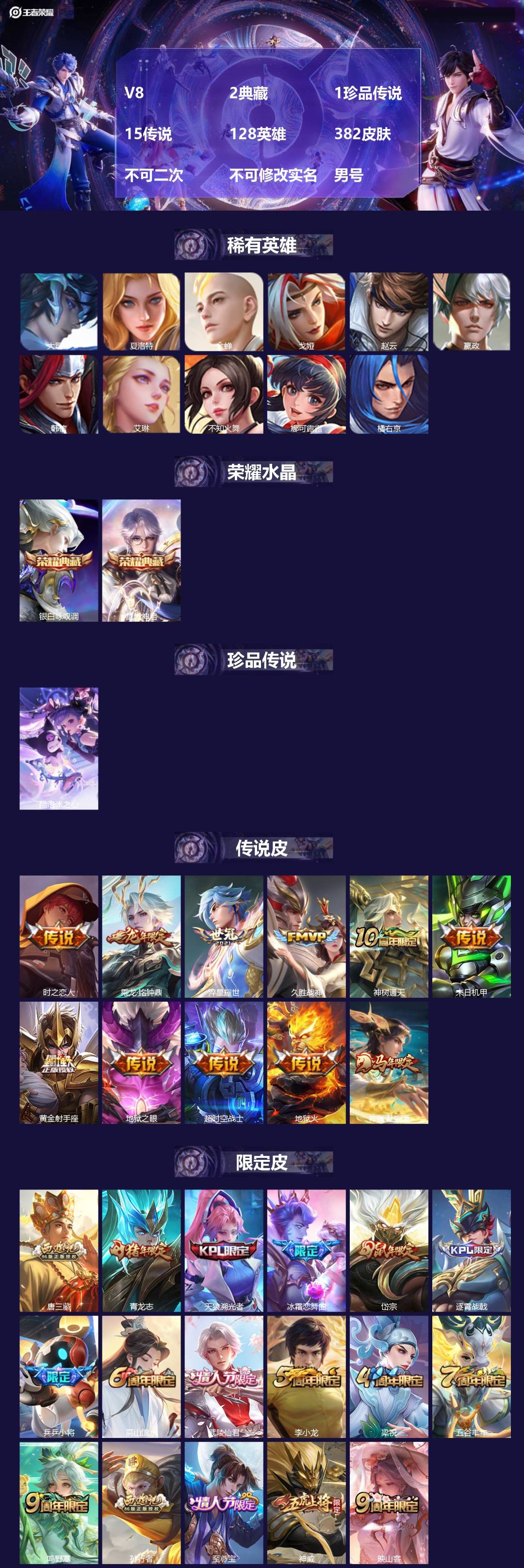 王者荣耀账号安卓QQ[21702837]V8 2典藏 1珍品传说 15传说 128英雄 382皮肤 不可二次 不可修改实