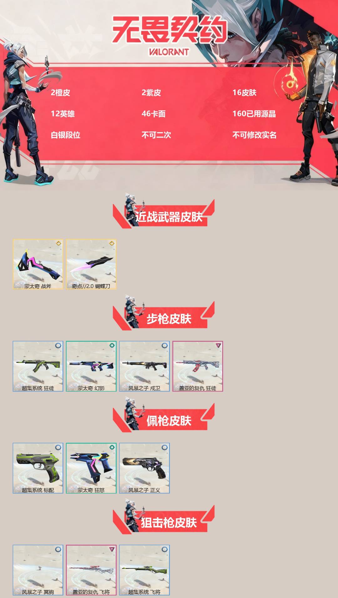 不可二次实名 是本人 皮肤资产价值:5760 段位:白银 2卓越 2传奇 [武器皮肤]蒙太奇 战斧,蝴蝶刀-奇点//2.0,狂徒-盖亚的复仇,飞将-盖亚的复仇,超集系统 标配,蒙太奇 狂怒,风暴之子 正义,蒙太奇 骇灵,风暴之子 雄鹿,超集系统 狂徒,蒙太奇 幻影,风暴之子 戍卫,风暴之子 冥驹,超集系统 飞将,蒙太奇 战神 [道具]V26第一幕纪念币 挂饰,风暴之子 挂饰,超集系统 挂饰,H2-Oh!挂饰,学员战术熊挂饰,聚宝蛋挂饰,V25第六幕：黑铁 挂饰,协议假人 挂饰