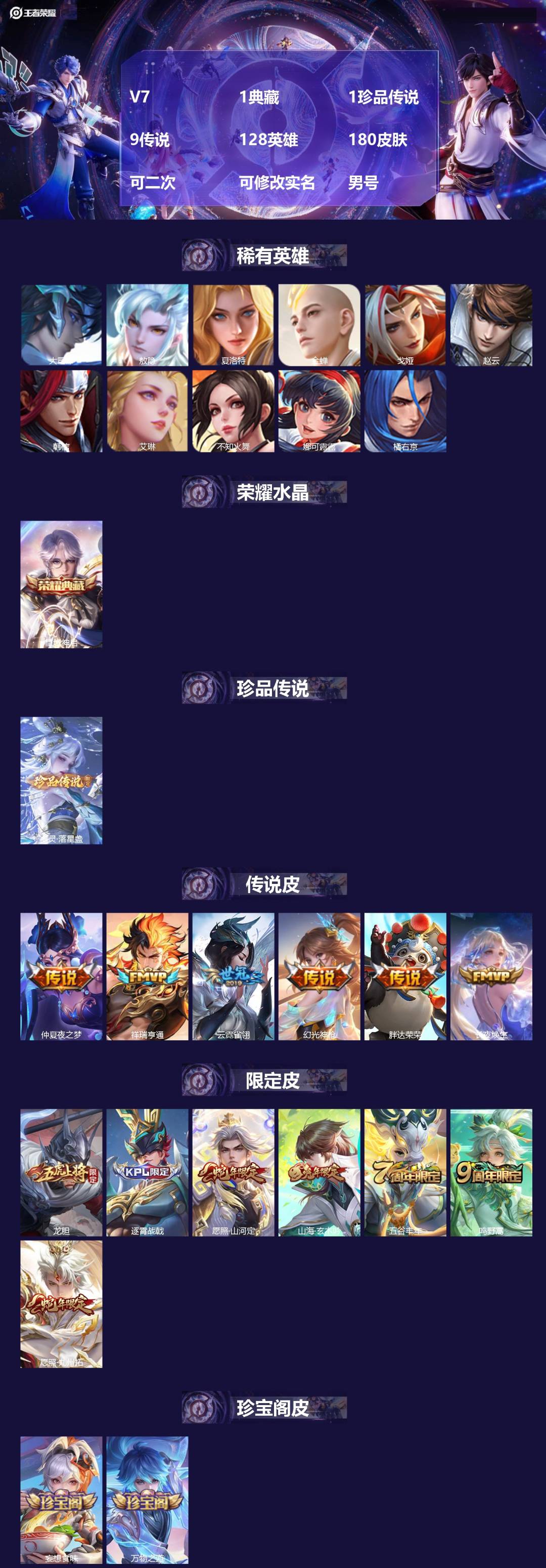 王者荣耀账号苹果QQ[21748313]V7 1典藏 1珍品传说 9传说 128英雄 180皮肤 可二次 可修改实名 男