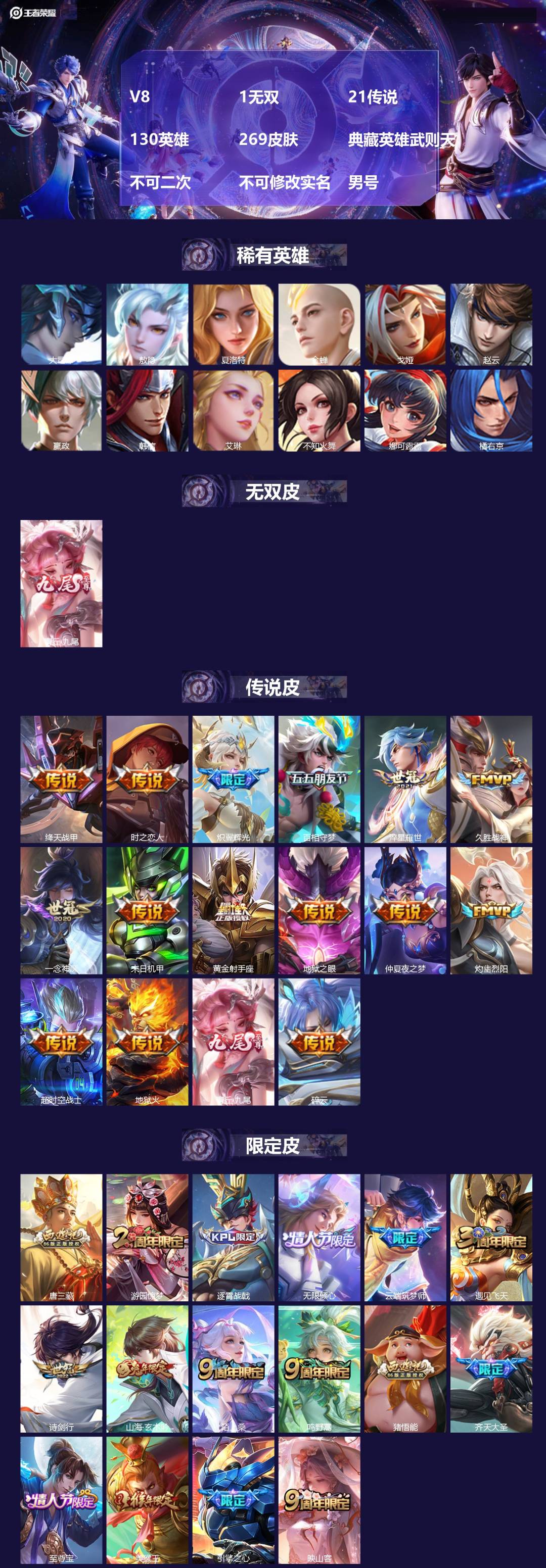 王者荣耀账号安卓QQV8 1无双 21传说 130英雄 269皮肤 典藏英雄武则天 不可二次 不可修改实名 男号 
【英