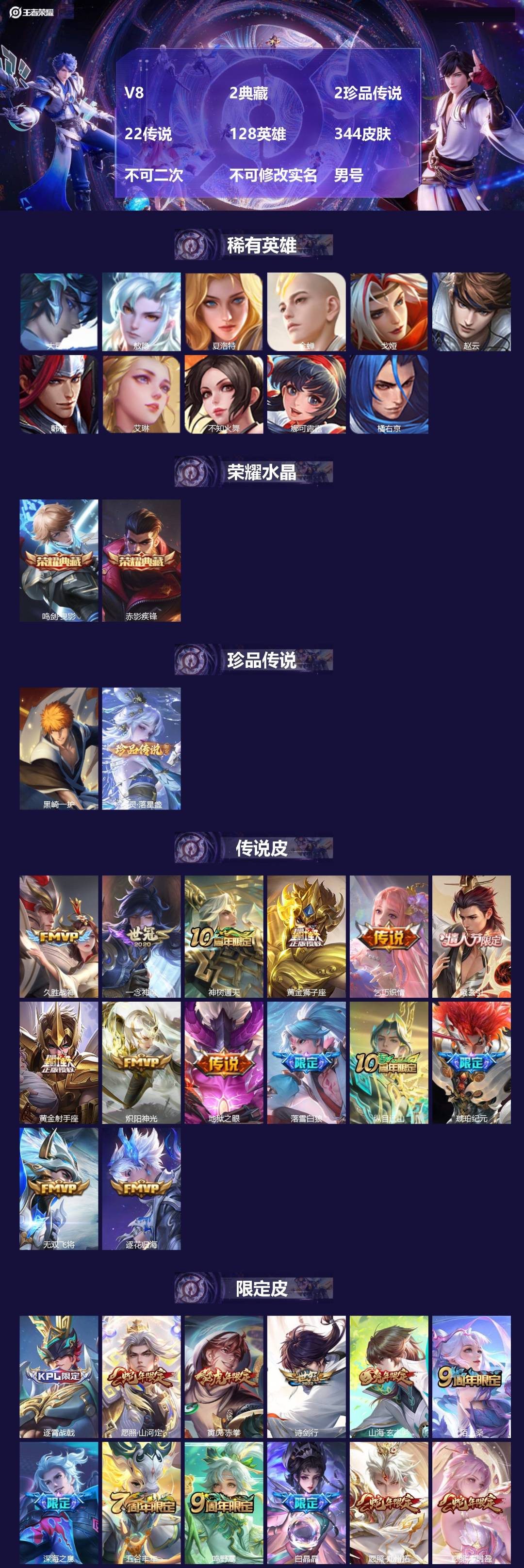 王者荣耀账号安卓QQV8 2典藏 2珍品传说 22传说 128英雄 344皮肤 不可二次 不可修改实名 男号 
【英雄全