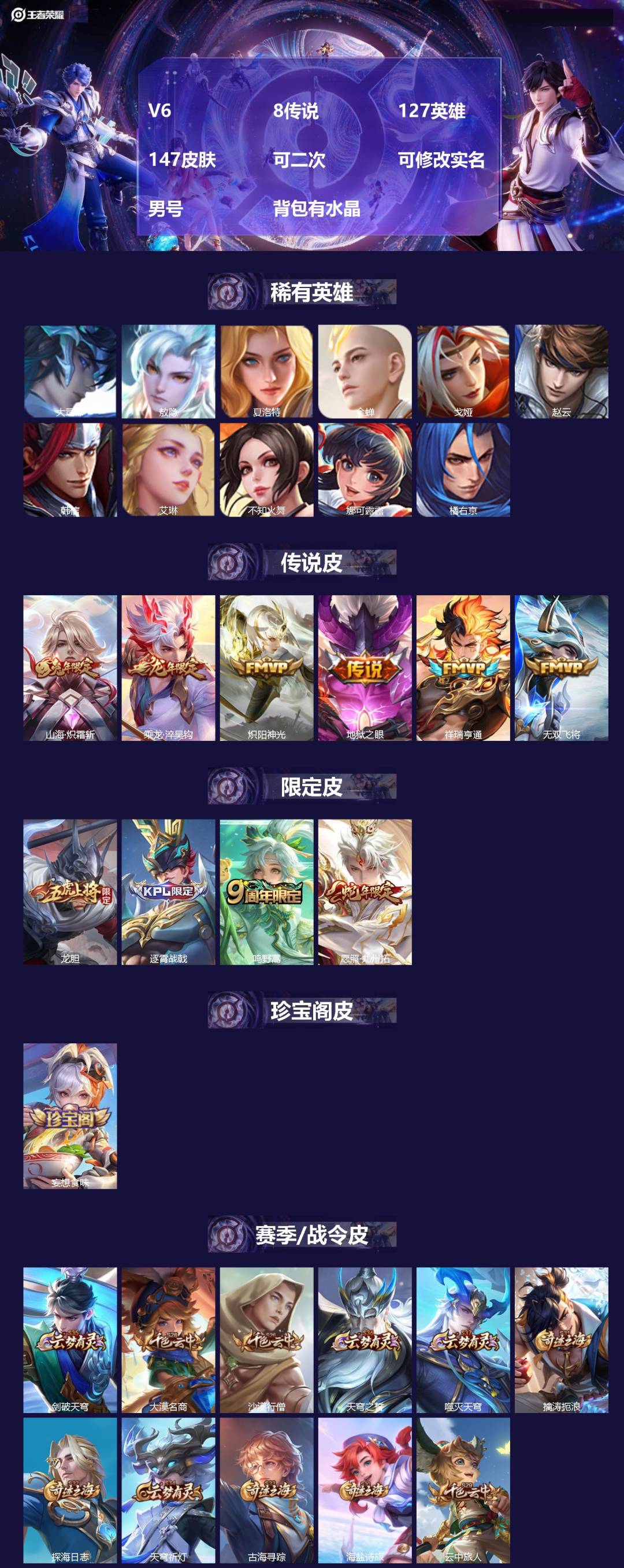 王者荣耀账号苹果QQV6 8传说 127英雄 147皮肤 可二次 可修改实名 男号 背包有水晶
【稀有英雄】敖隐(小龙人
