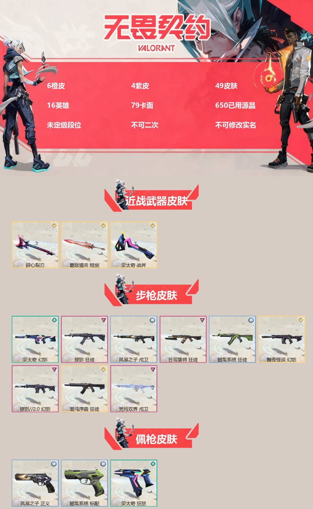 不可二次实名 是本人 段位:未定级 4卓越 6传奇 皮肤资产价值:11410 [武器皮肤]蒙太奇 战斧,碎心裂刃,星际猎兵 短剑,骇灵-砰砰X特攻队,幻影-黯夜怪谈,狂徒-混沌序曲,戍卫-咒缚双界,掠影2.0 幻影,狂徒-日冕雄师,狂徒-掠影,风暴之子 正义,超集系统 标配,蒙太奇 狂怒,蒙太奇 骇灵,风暴之子 雄鹿,蒙太奇 幻影,风暴之子 戍卫,超集系统 狂徒,超集系统 飞将,风暴之子 冥驹,蒙太奇 战神 [道具]V26第一幕纪念币 挂饰,无人之境挂饰,风暴之子 挂饰,H2-Oh!挂饰,无畏契约GO!第一卷贤者挂饰,瑞思拜挂饰,骑士之盾挂饰,V25第六幕：黑铁 挂饰,协议假人 挂饰,超集系统