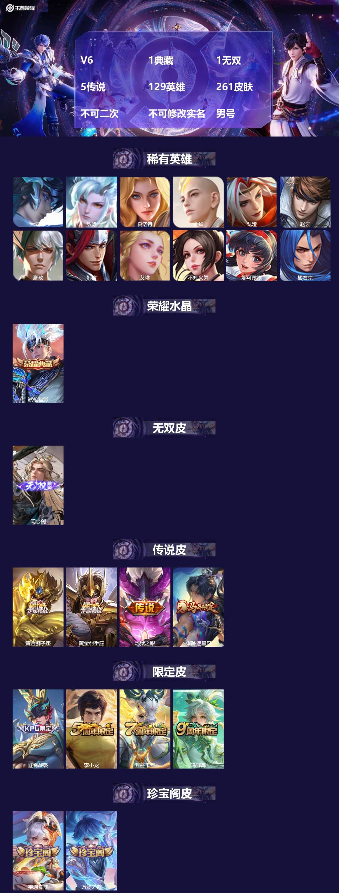 王者荣耀账号安卓QQV6 1典藏 1无双 5传说 129英雄 261皮肤 不可二次 不可修改实名 男号 
【英雄全皮】蚩