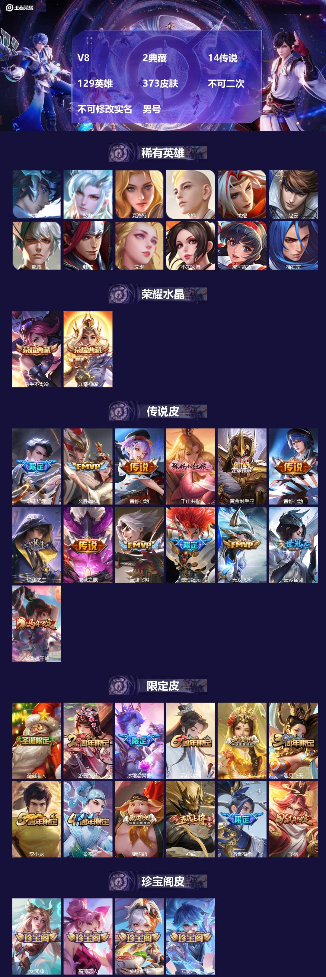 王者荣耀账号安卓QQ[21795468]V8 2典藏 14传说 129英雄 373皮肤 不可二次 不可修改实名 男号 
