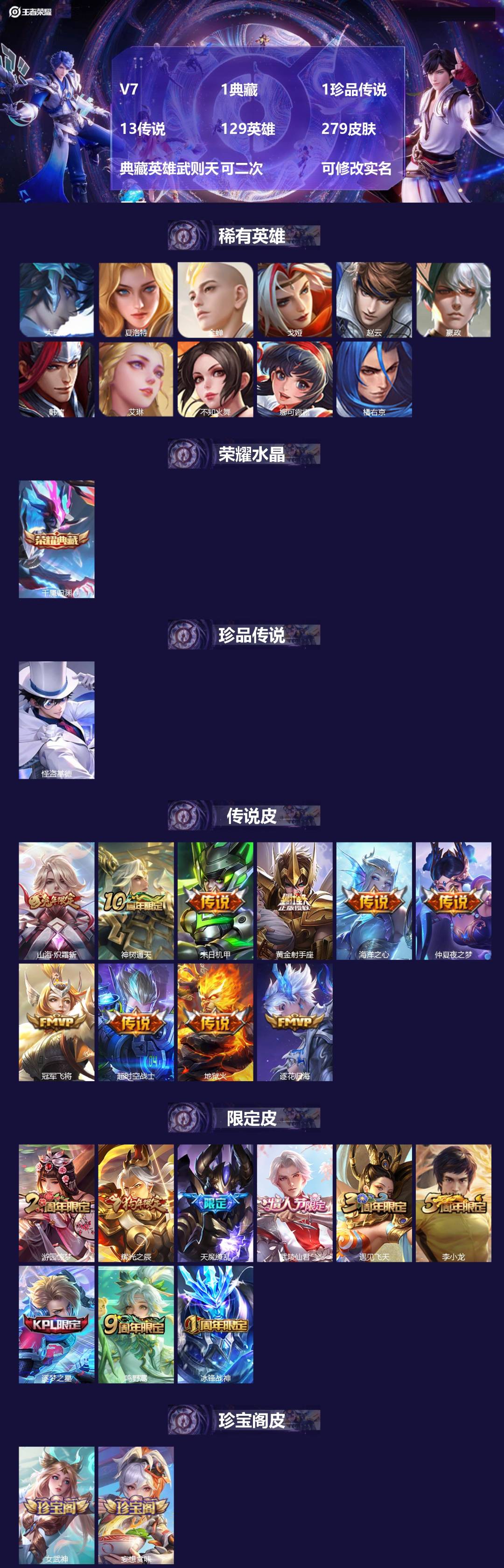 王者荣耀账号苹果QQV7 1典藏 1珍品传说 13传说 129英雄 279皮肤 典藏英雄武则天 可二次 可修改实名 男号