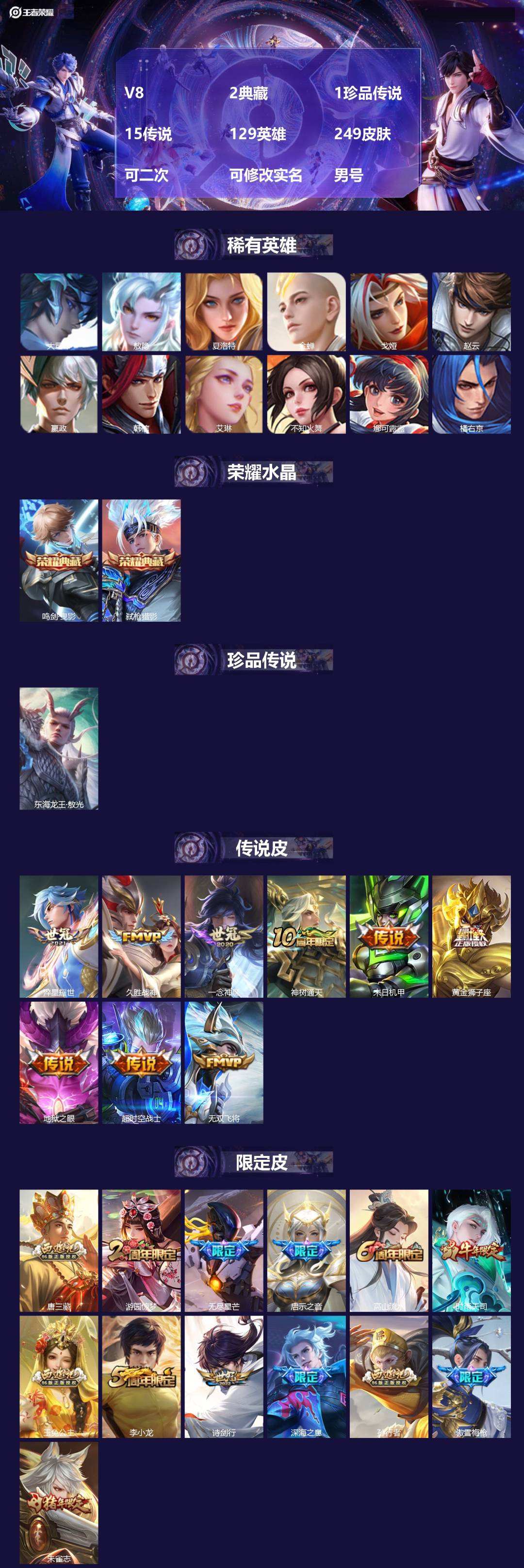 王者荣耀账号安卓QQV8 2典藏 1珍品传说 15传说 129英雄 249皮肤 可二次 可修改实名 男号 
【英雄全皮】