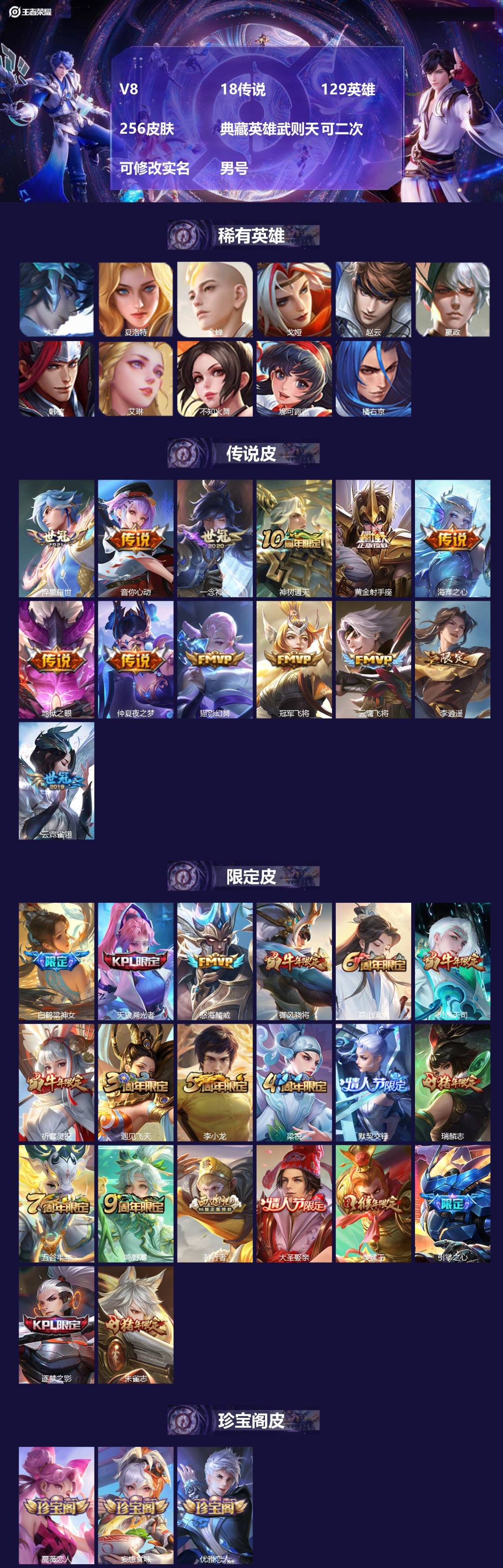 王者荣耀账号安卓QQ[21832676]V8 18传说 129英雄 256皮肤 典藏英雄武则天 可二次 可修改实名 男号