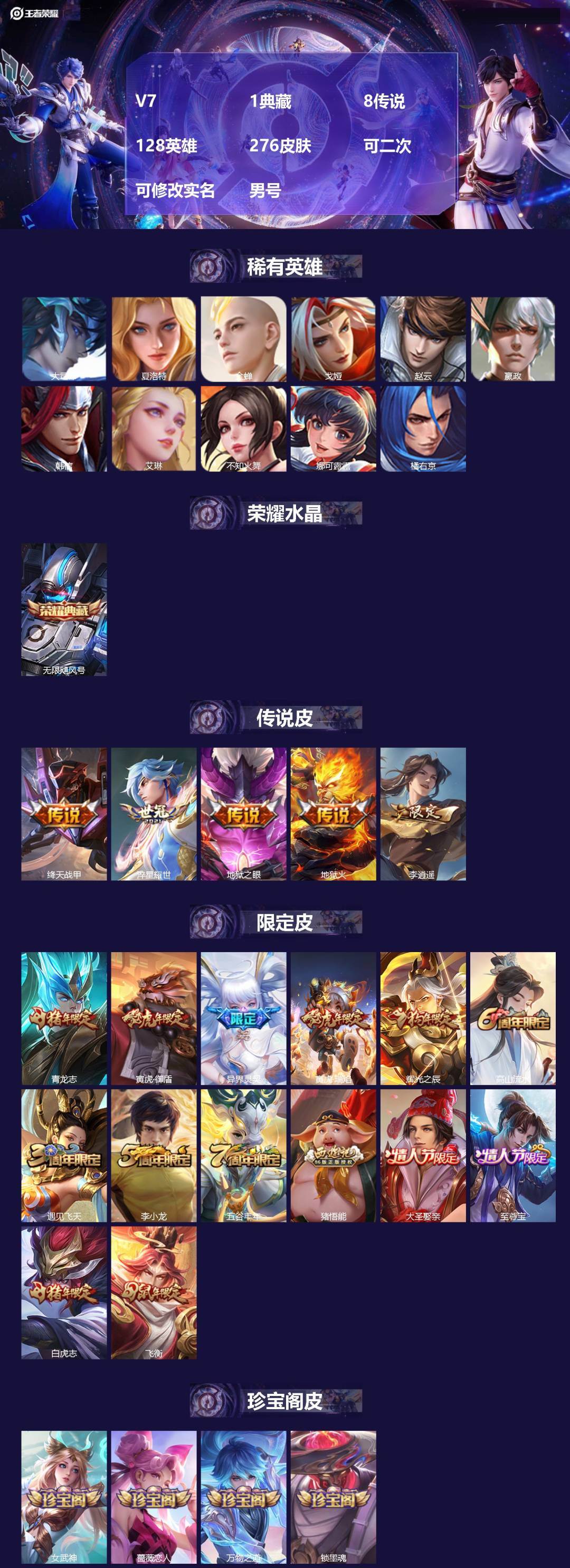 王者荣耀账号安卓QQV7 1典藏 8传说 128英雄 276皮肤 可二次 可修改实名 男号 
【英雄全皮】蚩奼全皮,大禹