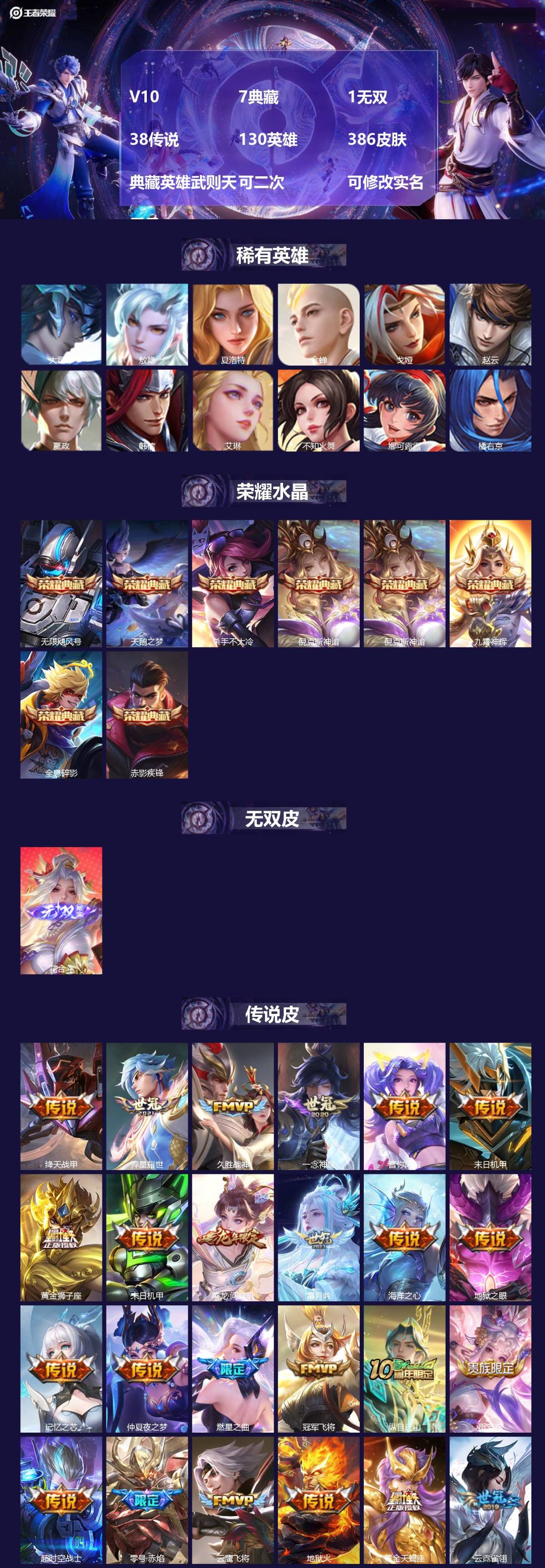 王者荣耀账号安卓QQV10 7典藏 1无双 38传说 130英雄 386皮肤 典藏英雄武则天 可二次 可修改实名 男号 
