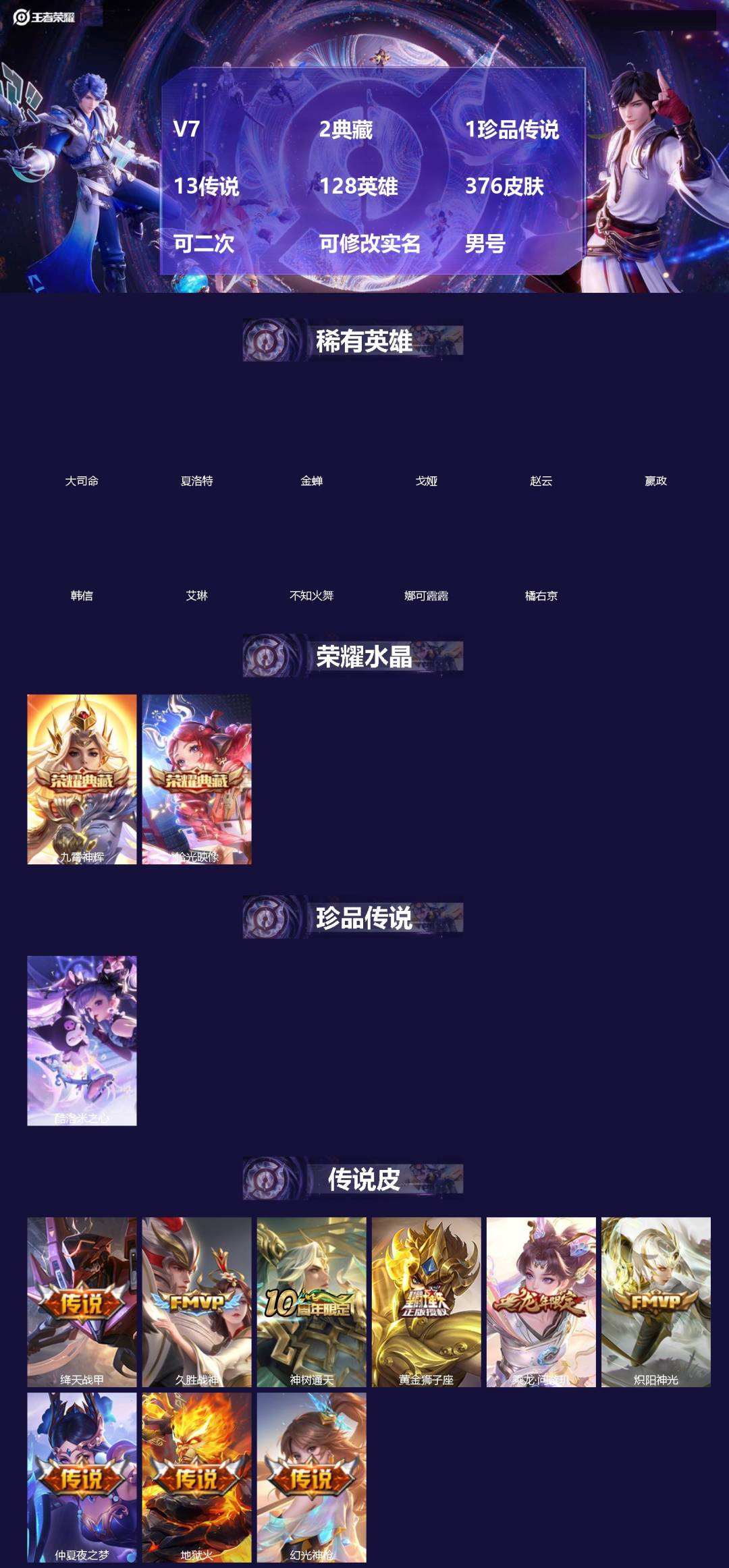 王者荣耀账号安卓QQV7 2典藏 1珍品传说 13传说 128英雄 376皮肤 可二次 可修改实名 男号 
【英雄全皮】