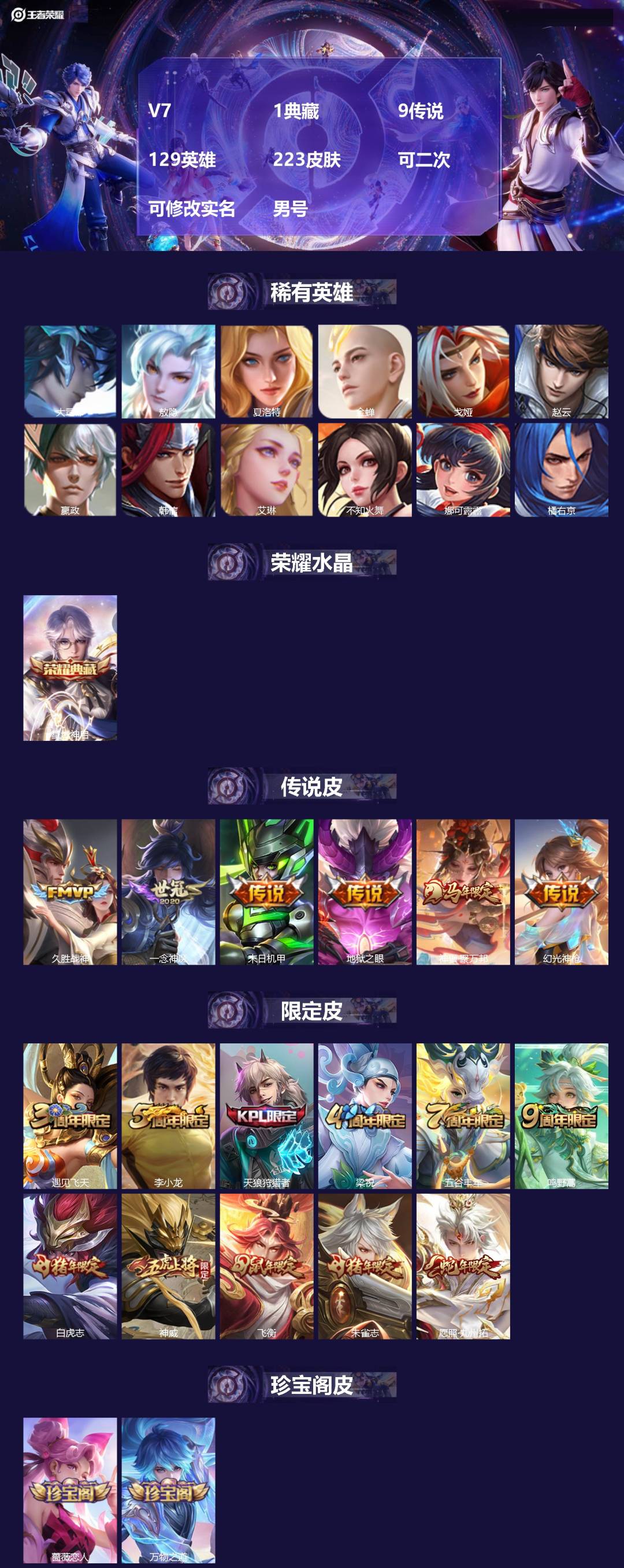 王者荣耀账号苹果QQV7 1典藏 9传说 129英雄 223皮肤 可二次 可修改实名 男号 
【英雄全皮】孙权全皮,蚩奼