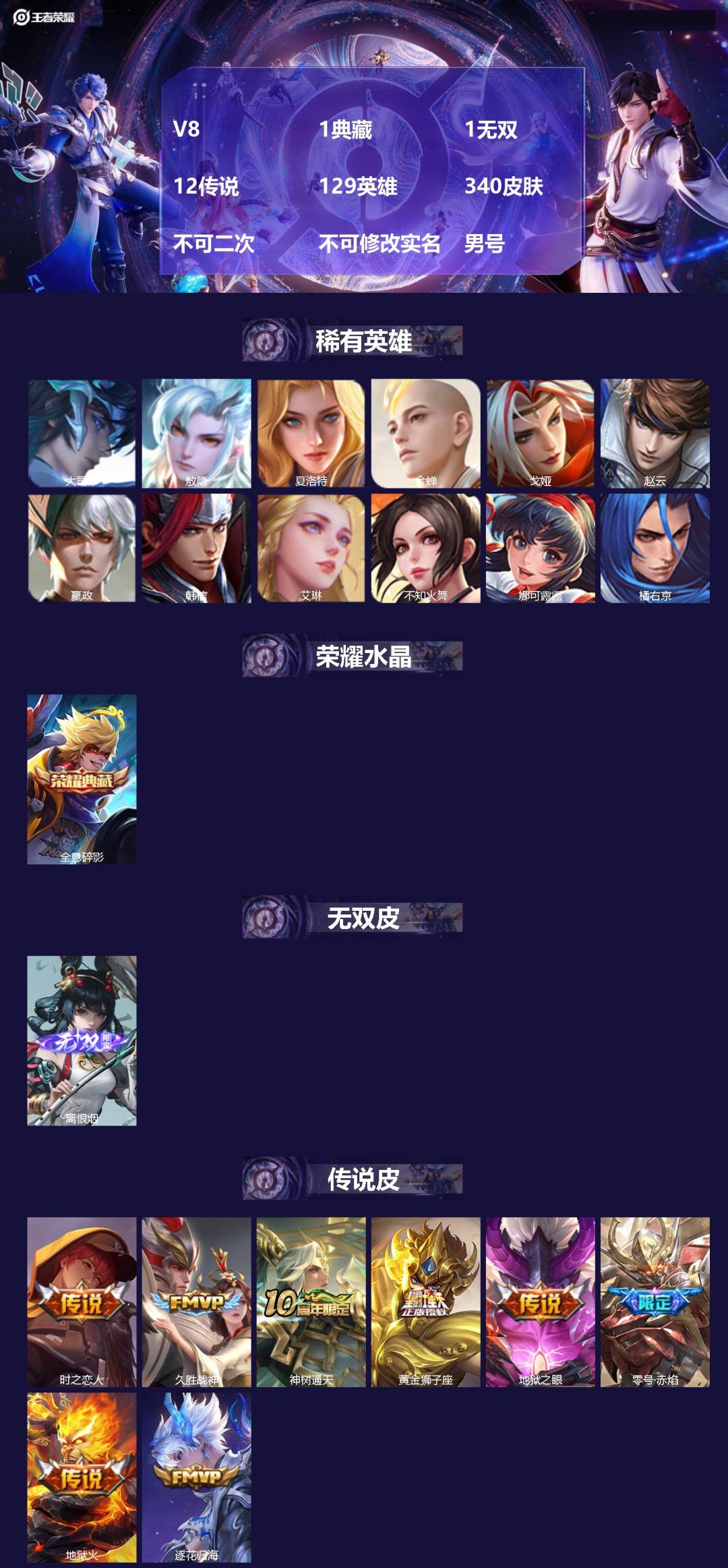 王者荣耀账号苹果QQV8 1典藏 1无双 12传说 129英雄 340皮肤 不可二次 不可修改实名 男号 
【英雄全皮】