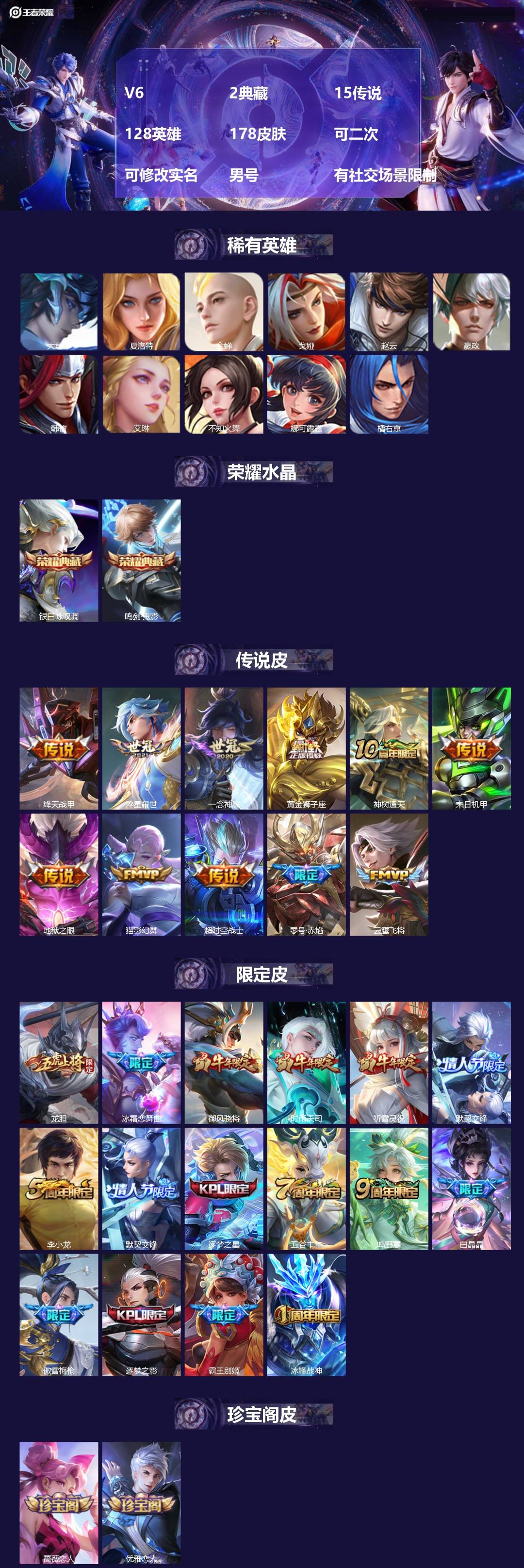 王者荣耀账号安卓VXV6 2典藏 15传说 128英雄 178皮肤 可二次 可修改实名 男号 有社交场景限制
【英雄全皮