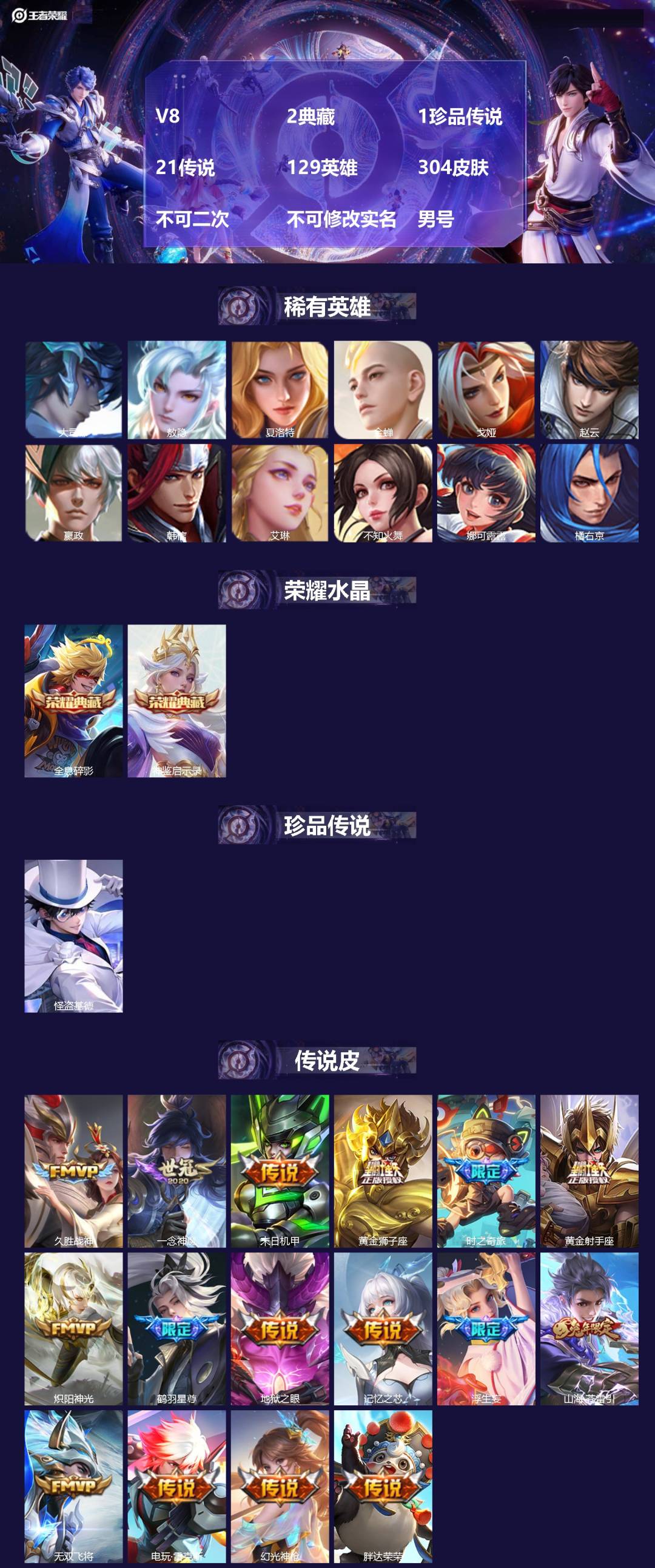 王者荣耀账号安卓QQ[21940200]V8 2典藏 1珍品传说 21传说 129英雄 304皮肤 不可二次 不可修改实