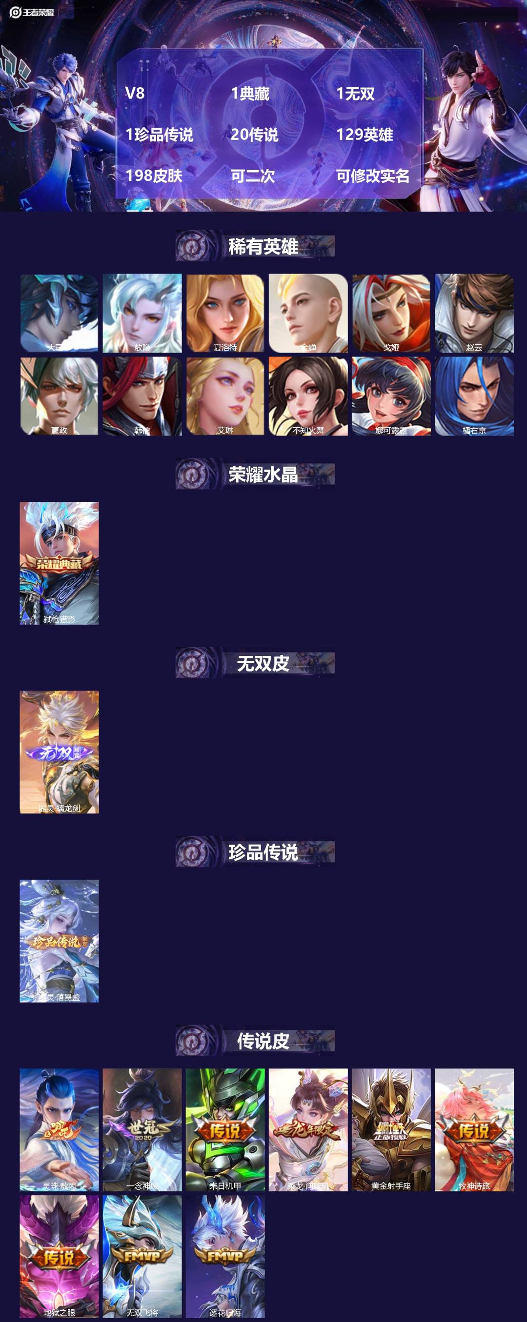 王者荣耀账号苹果VXV8 1典藏 1无双 1珍品传说 20传说 129英雄 198皮肤 可二次 可修改实名 男号 
【英
