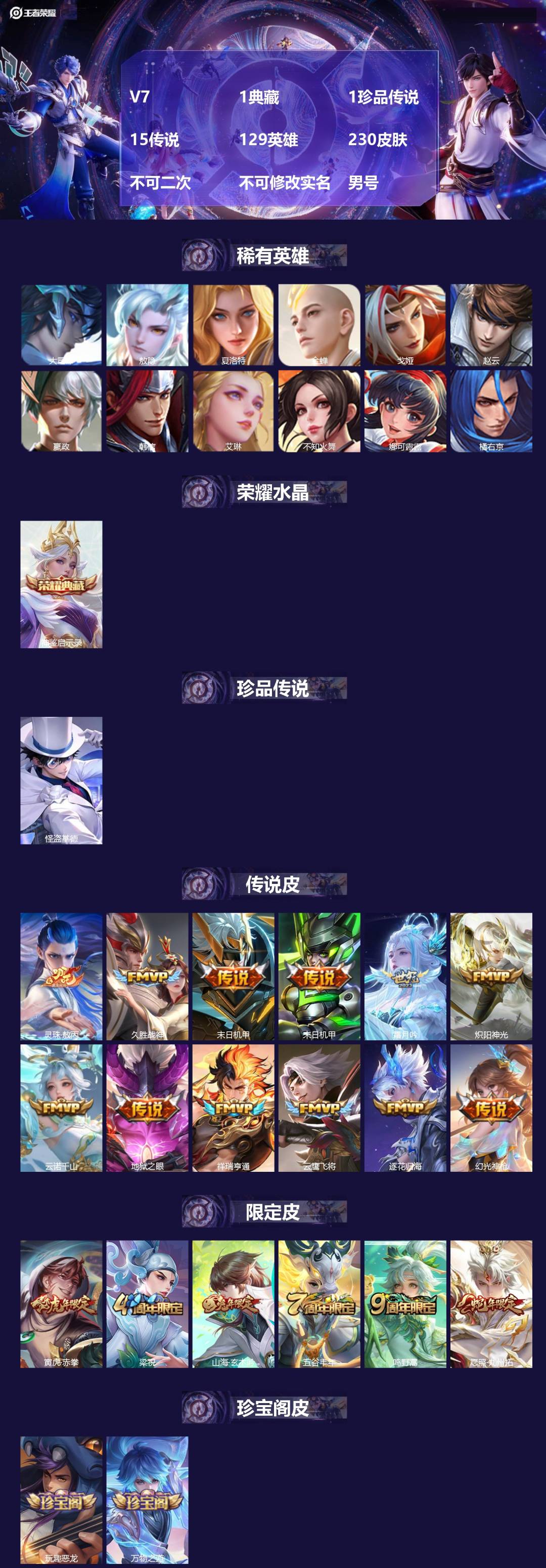 王者荣耀账号安卓VXV7 1典藏 1珍品传说 15传说 129英雄 230皮肤 不可二次 不可修改实名 男号 
【英雄全