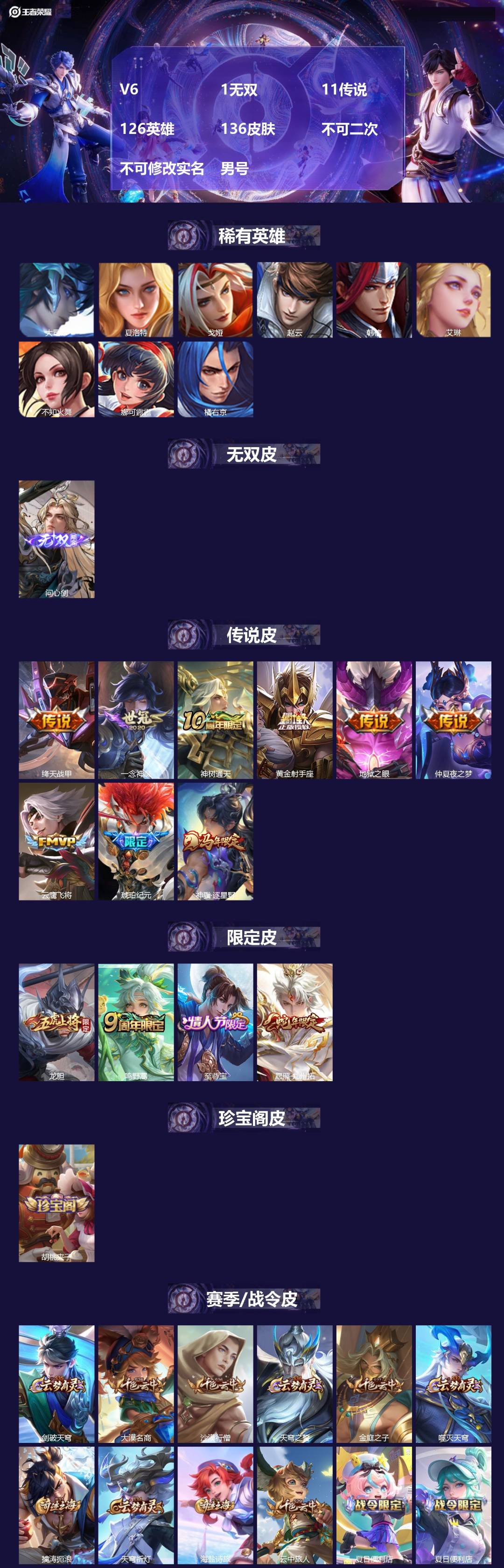 王者荣耀账号安卓QQV6 1无双 11传说 126英雄 136皮肤 不可二次 不可修改实名 男号 
【英雄全皮】孙权全皮