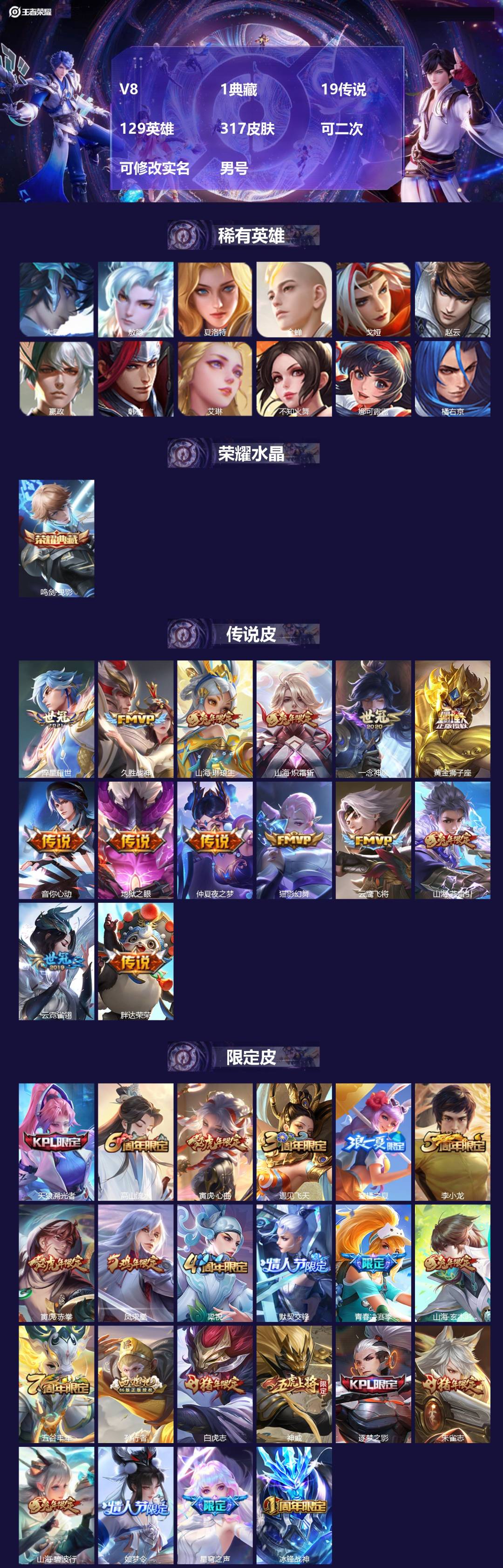 王者荣耀账号安卓QQV8 1典藏 19传说 129英雄 317皮肤 可二次 可修改实名 男号 
【英雄全皮】影全皮,大禹