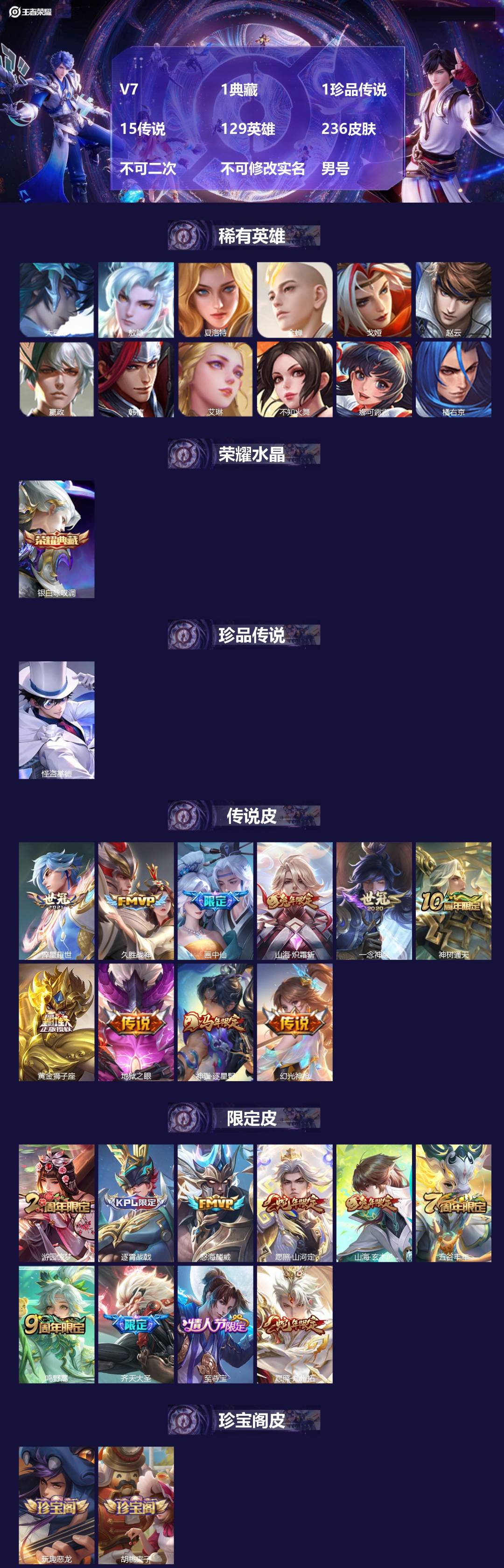 王者荣耀账号安卓QQV7 1典藏 1珍品传说 15传说 129英雄 236皮肤 不可二次 不可修改实名 男号 
【英雄全