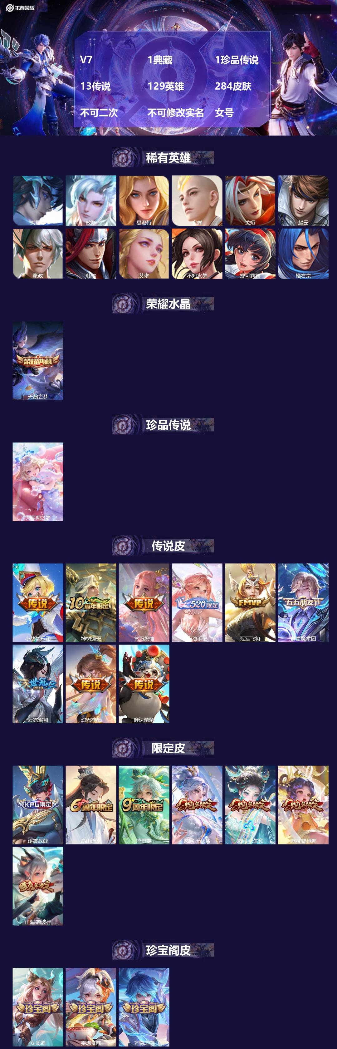 王者荣耀账号苹果QQV7 1典藏 1珍品传说 13传说 129英雄 284皮肤 不可二次 不可修改实名 女号 
【英雄全
