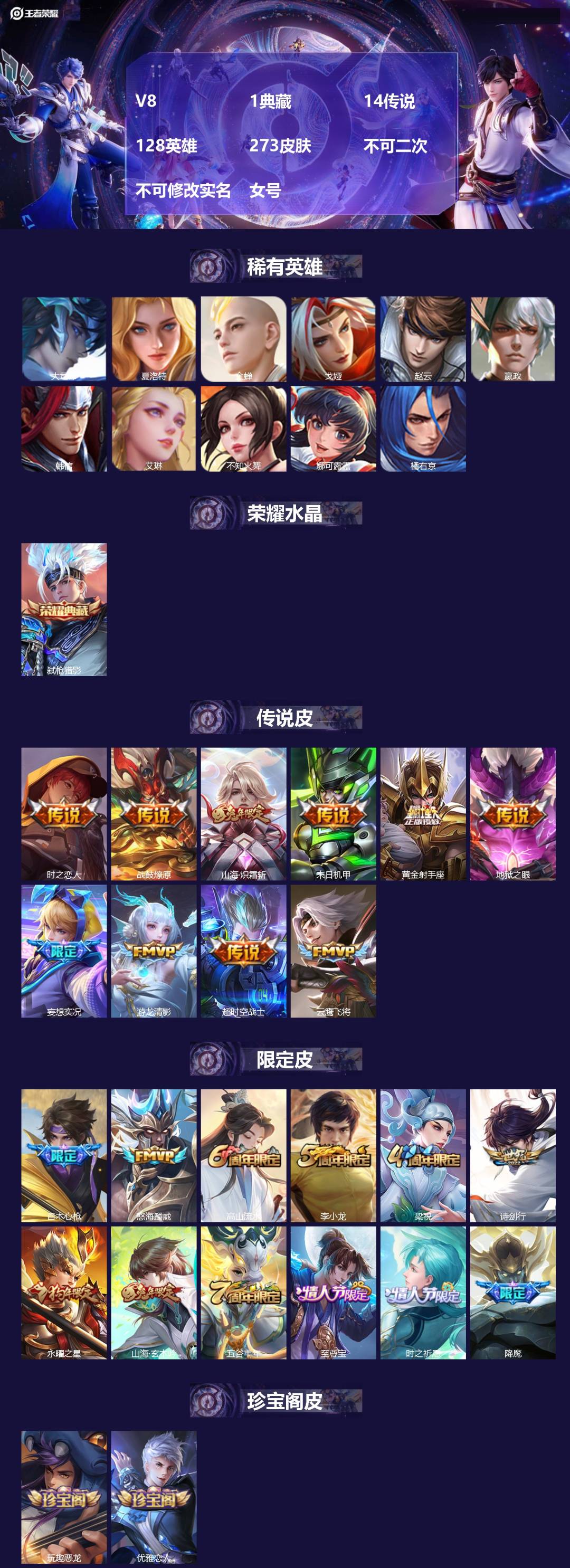 王者荣耀账号苹果QQ[22028590]V8 1典藏 14传说 128英雄 273皮肤 不可二次 不可修改实名 女号 
