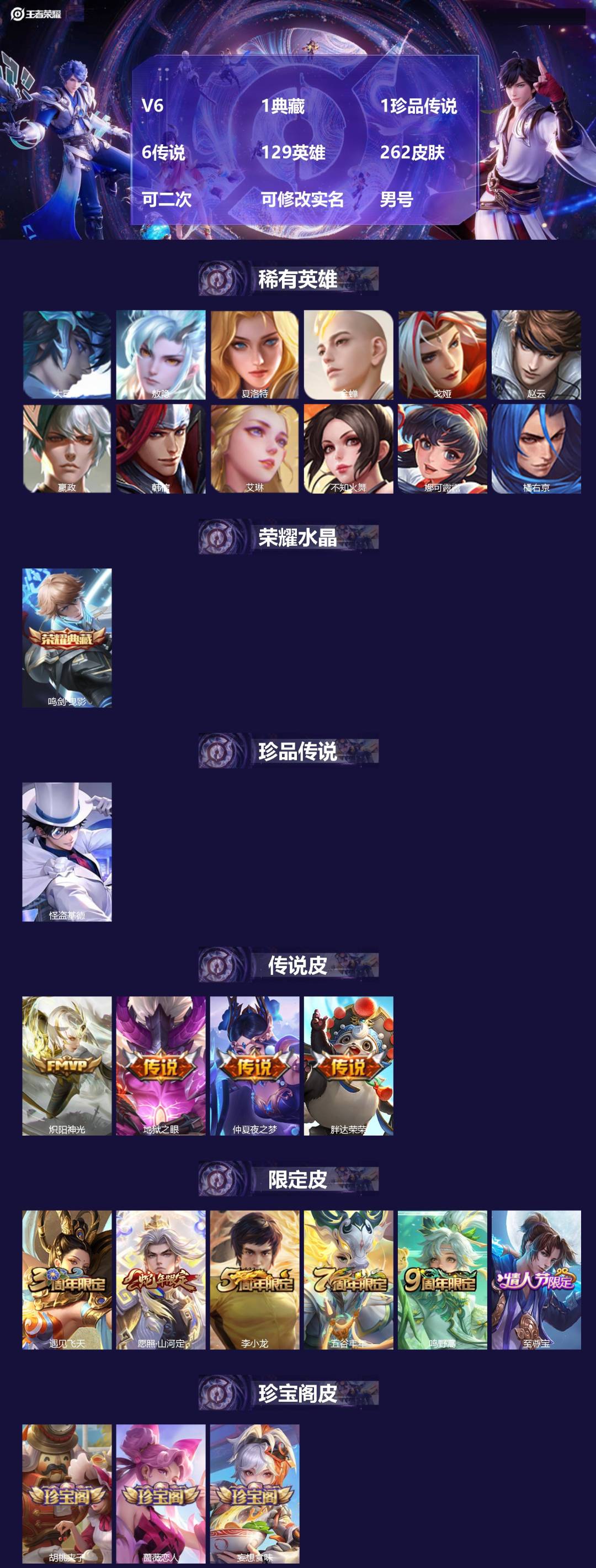 王者荣耀账号苹果QQ[22111932]V6 1典藏 1珍品传说 6传说 129英雄 262皮肤 可二次 可修改实名 男