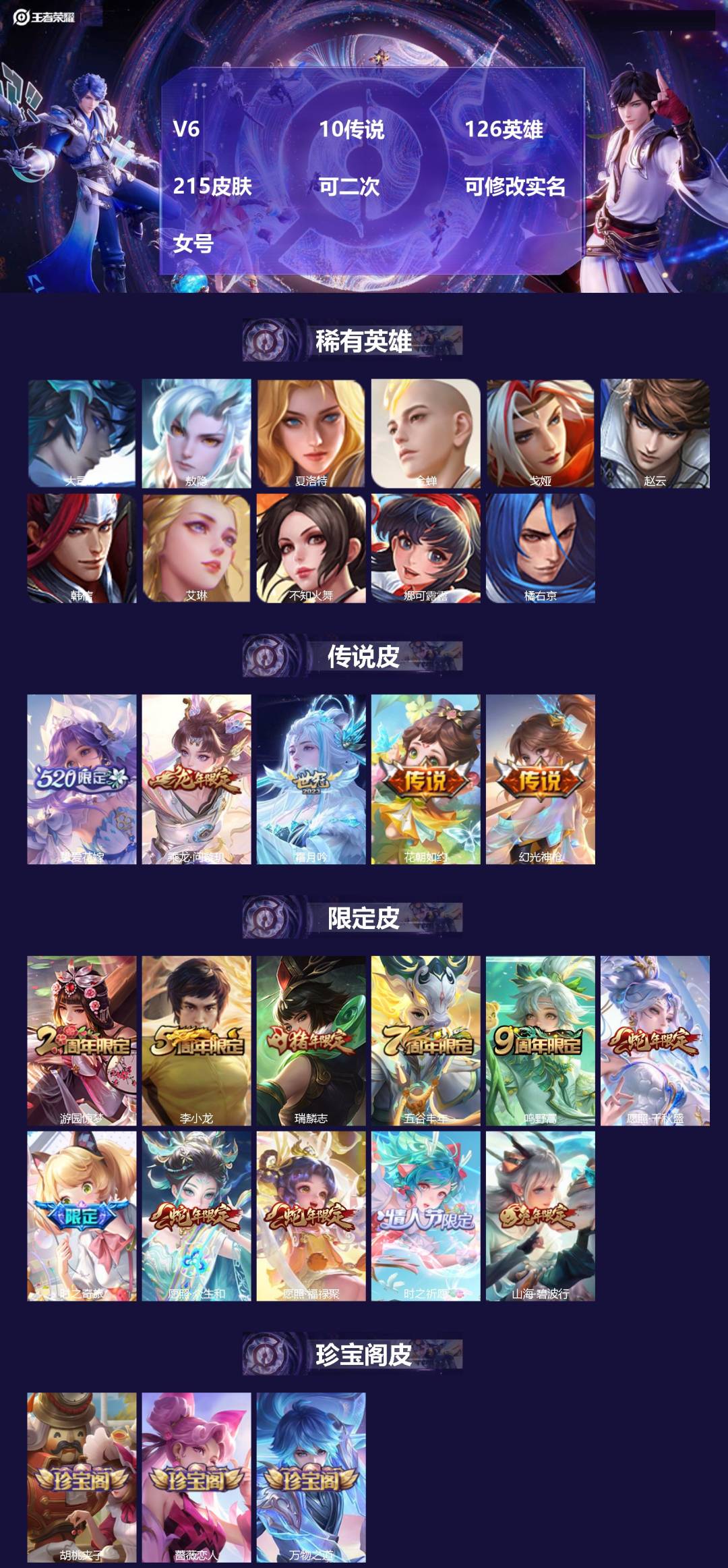 王者荣耀账号安卓QQ[22112085]V6 10传说 126英雄 215皮肤 可二次 可修改实名 女号 
【稀有英雄】
