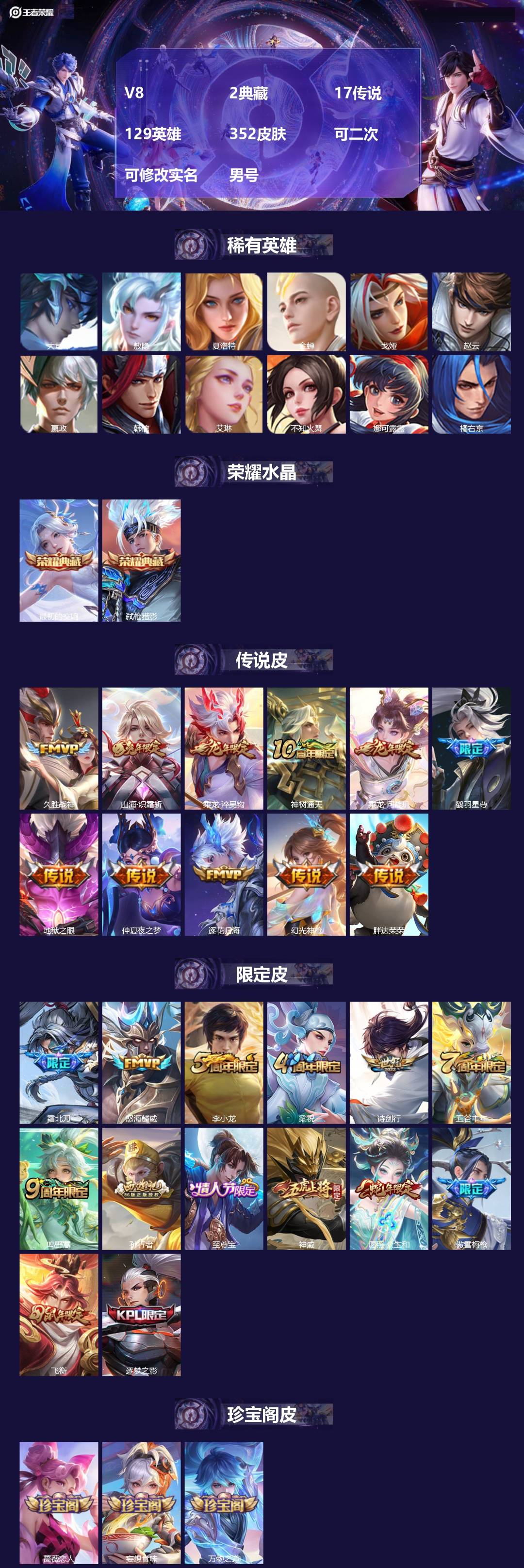 王者荣耀账号安卓QQ[22112564]V8 2典藏 17传说 129英雄 352皮肤 可二次 可修改实名 男号 
【英