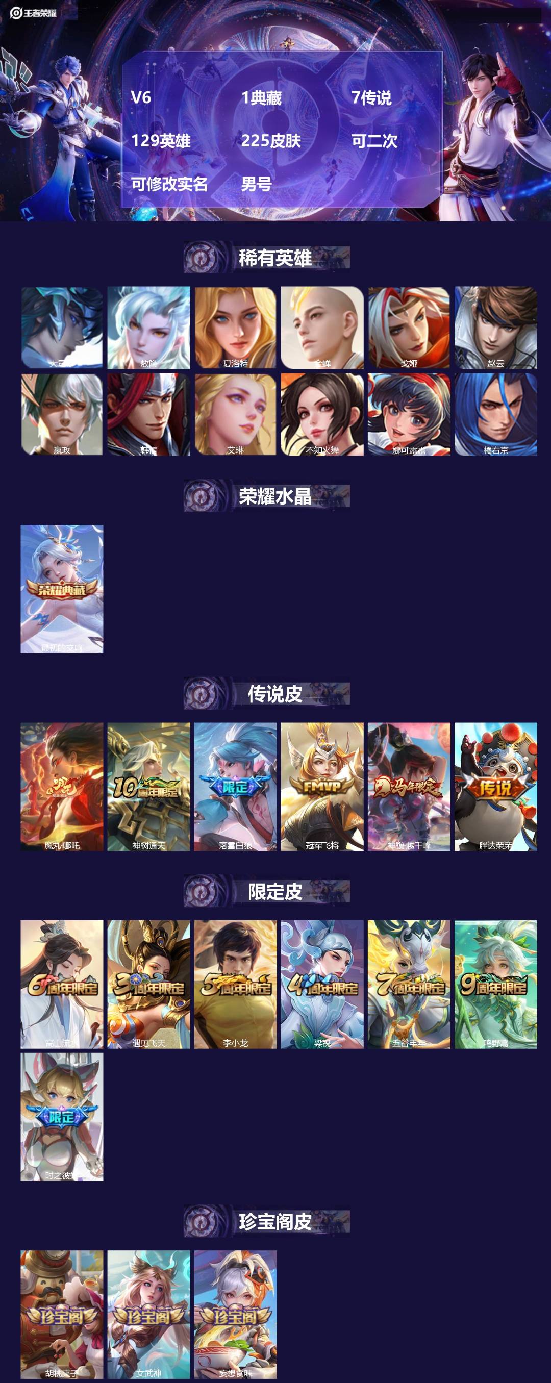 王者荣耀账号安卓QQ[22151521]V6 1典藏 7传说 129英雄 225皮肤 可二次 可修改实名 男号 
【英雄