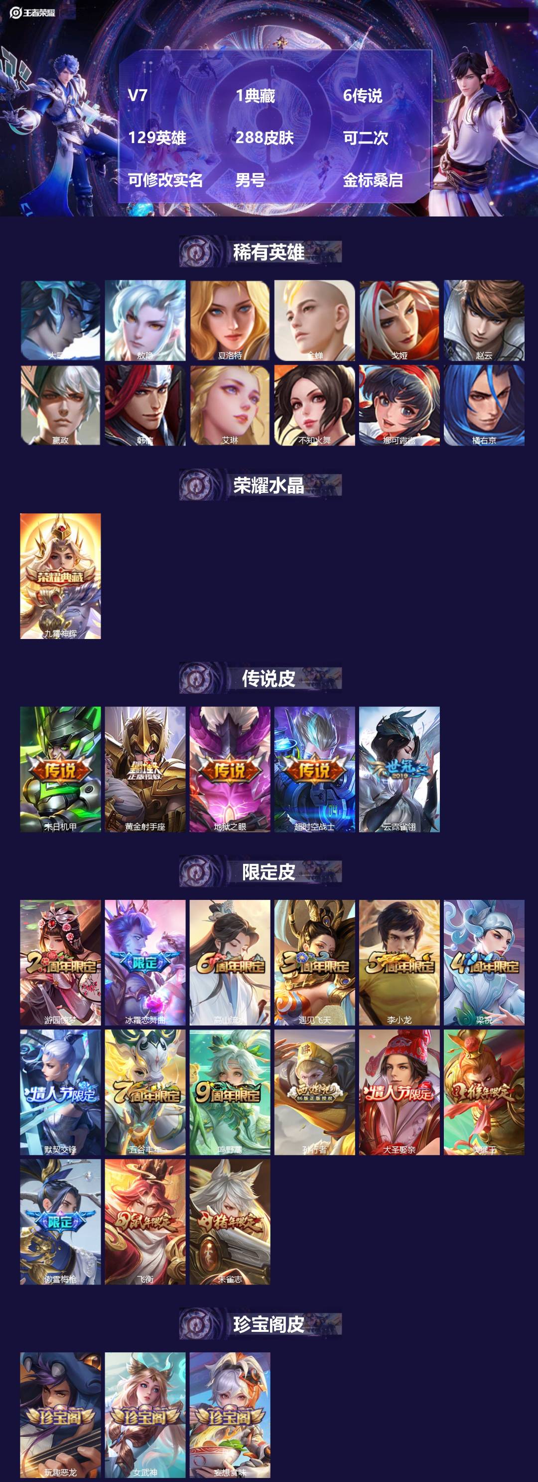 王者荣耀账号苹果QQ[22225017]V7 1典藏 6传说 129英雄 288皮肤 可二次 可修改实名 男号 金标桑启