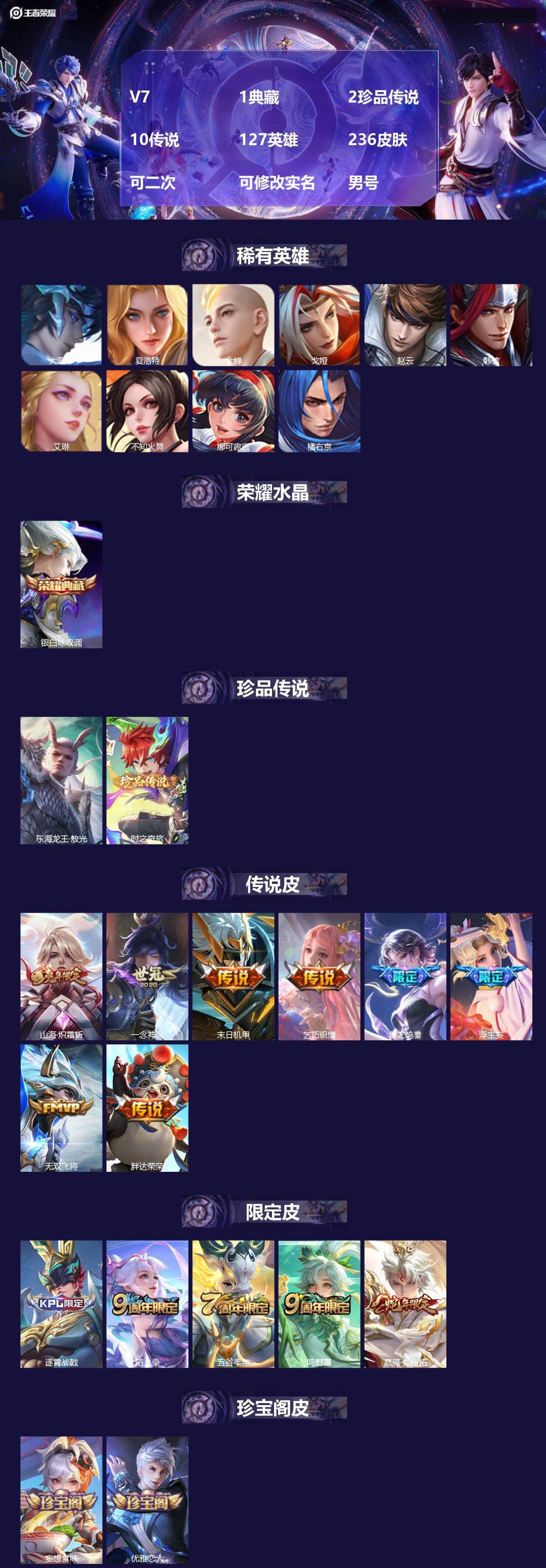王者荣耀账号安卓QQ[22274511]V7 1典藏 2珍品传说 10传说 127英雄 236皮肤 可二次 可修改实名 