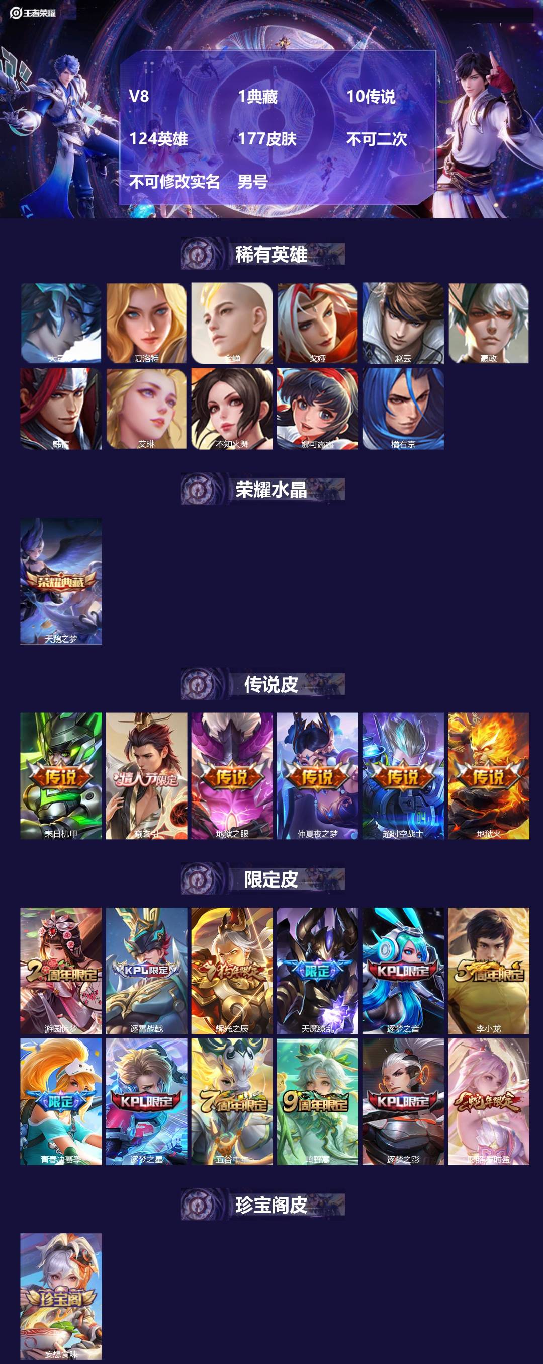 王者荣耀账号安卓QQ[22337995]V8 1典藏 10传说 124英雄 177皮肤 不可二次 不可修改实名 男号 
