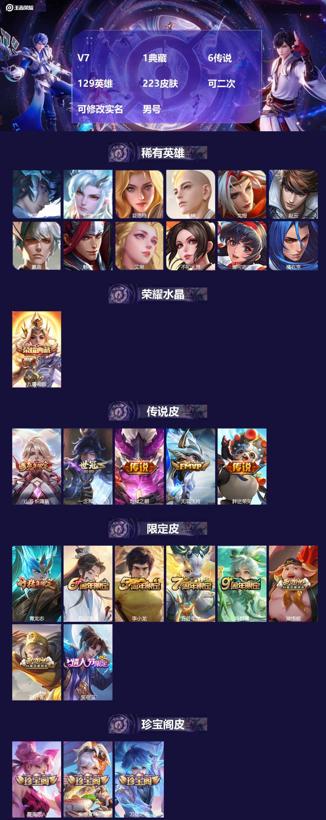 王者荣耀账号安卓QQV7 1典藏 6传说 129英雄 223皮肤 可二次 可修改实名 男号 
【英雄全皮】孙权全皮,蚩奼
