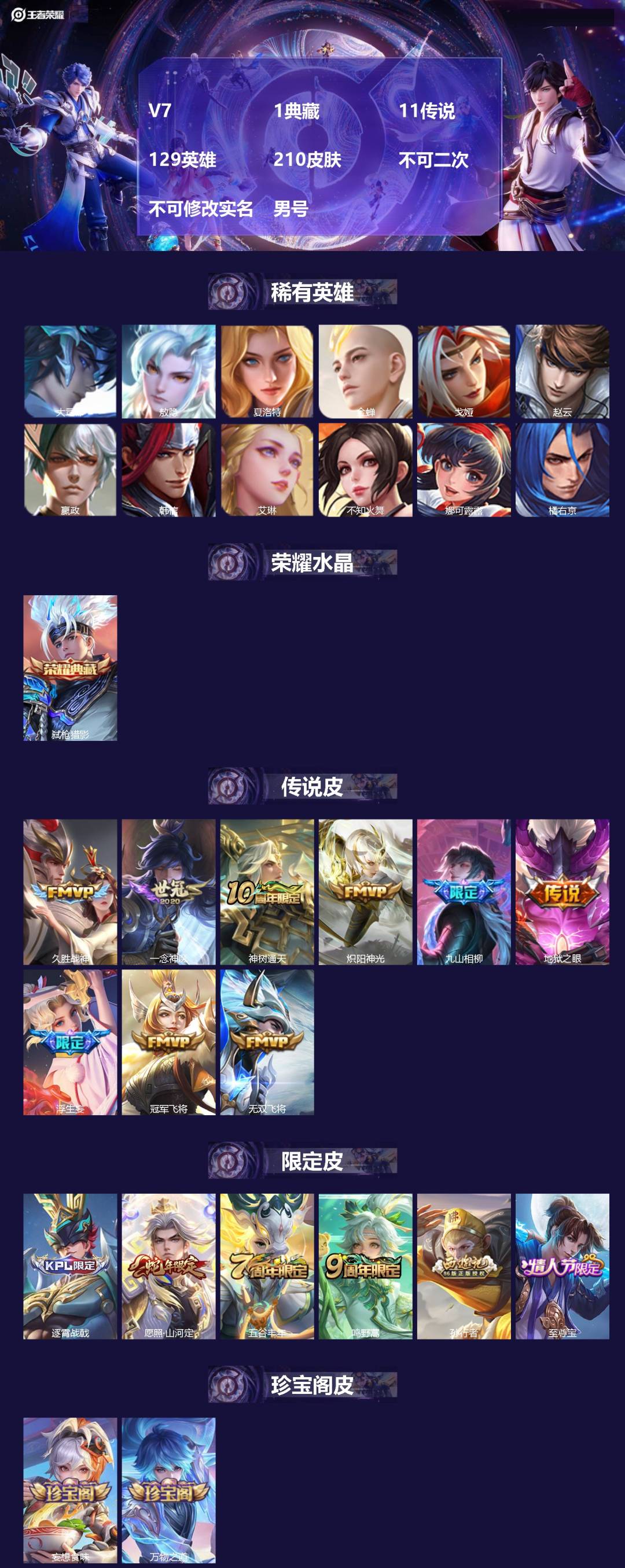 王者荣耀账号苹果QQ[22344510]V7 1典藏 11传说 129英雄 210皮肤 不可二次 不可修改实名 男号 
