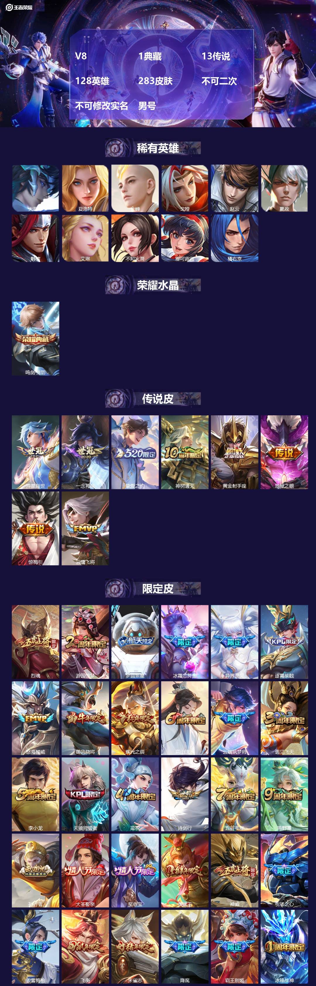 王者荣耀账号安卓QQ[22348436]V8 1典藏 13传说 128英雄 283皮肤 不可二次 不可修改实名 男号 
