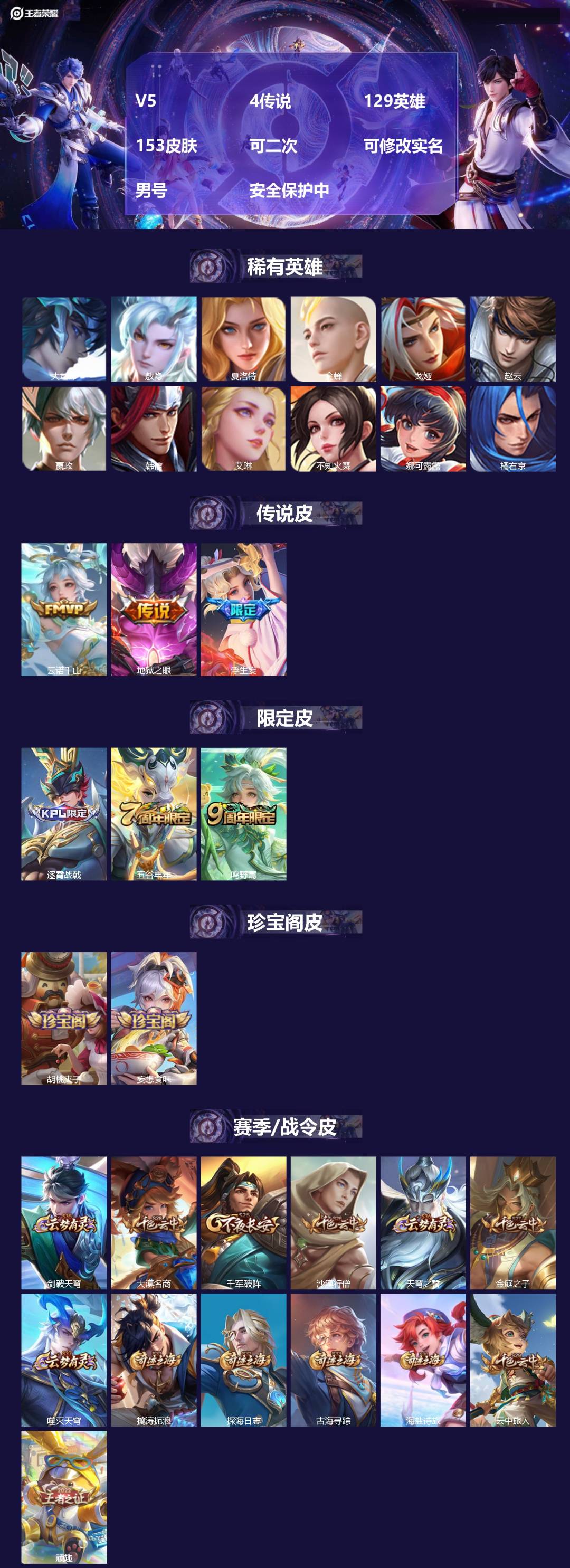 王者荣耀账号安卓VX[22362037]V5 4传说 129英雄 153皮肤 可二次 可修改实名 男号 安全保护中
【英