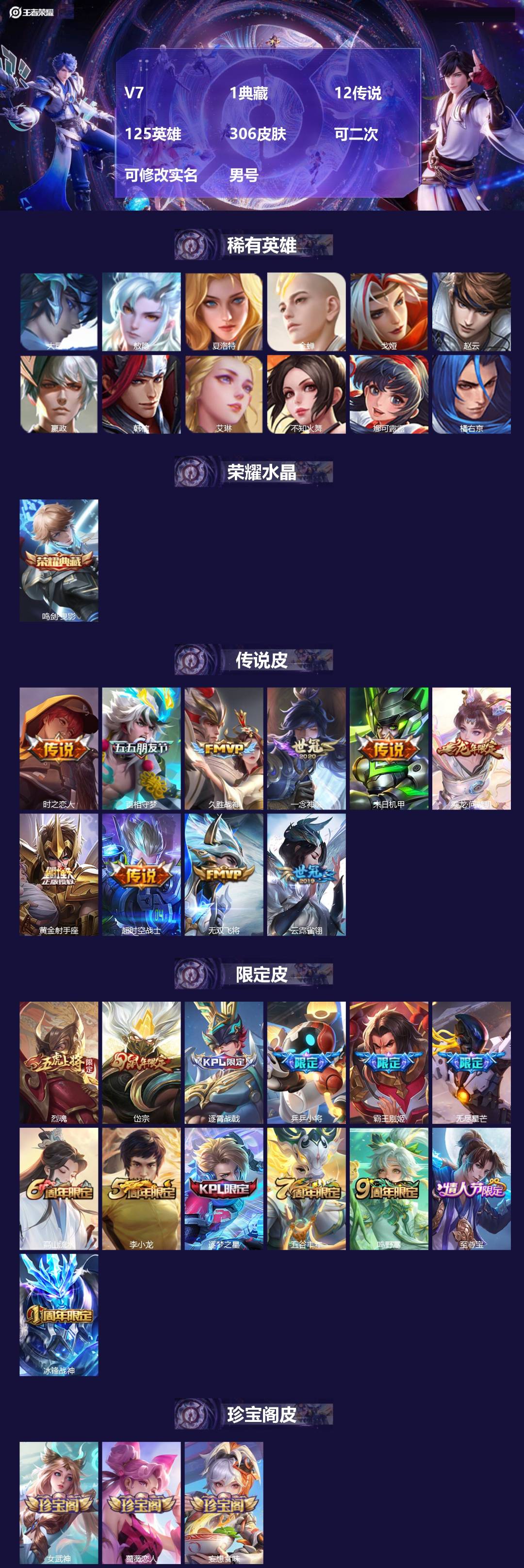 王者荣耀账号安卓QQ[22375137]V7 1典藏 12传说 125英雄 306皮肤 可二次 可修改实名 男号 
【稀