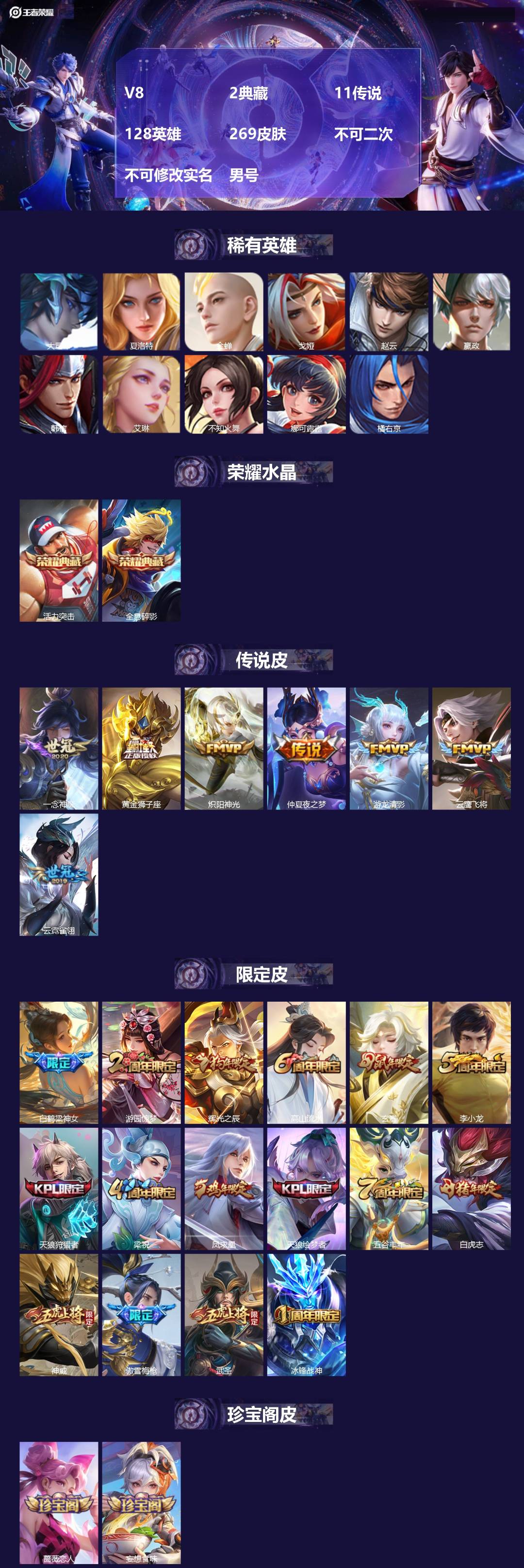 王者荣耀账号苹果QQ[22380452]V8 2典藏 11传说 128英雄 269皮肤 不可二次 不可修改实名 男号 
