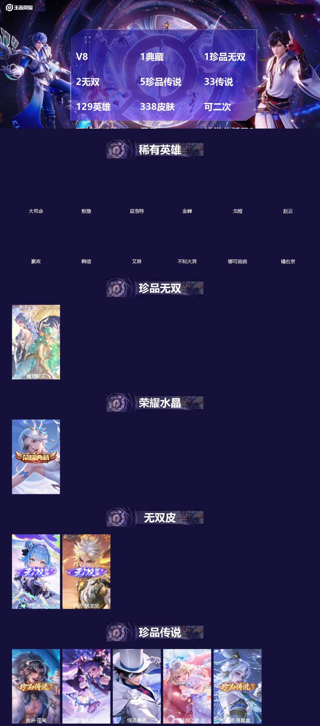 王者荣耀账号安卓QQ[22412910]V8 1典藏 1珍品无双 2无双 5珍品传说 33传说 129英雄 338皮肤 