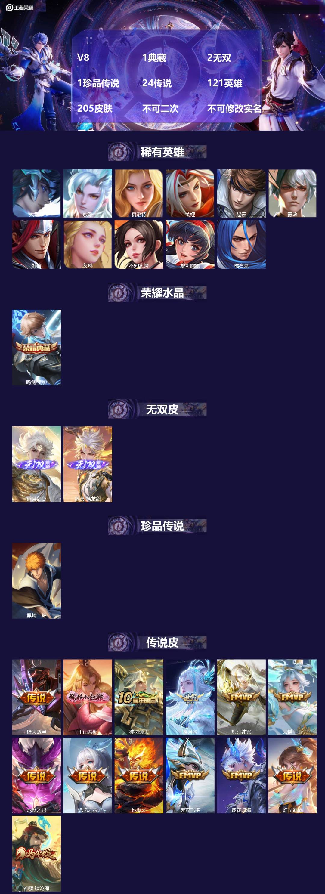 王者荣耀账号苹果QQ[22415844]V8 1典藏 2无双 1珍品传说 24传说 121英雄 205皮肤 不可二次 不
