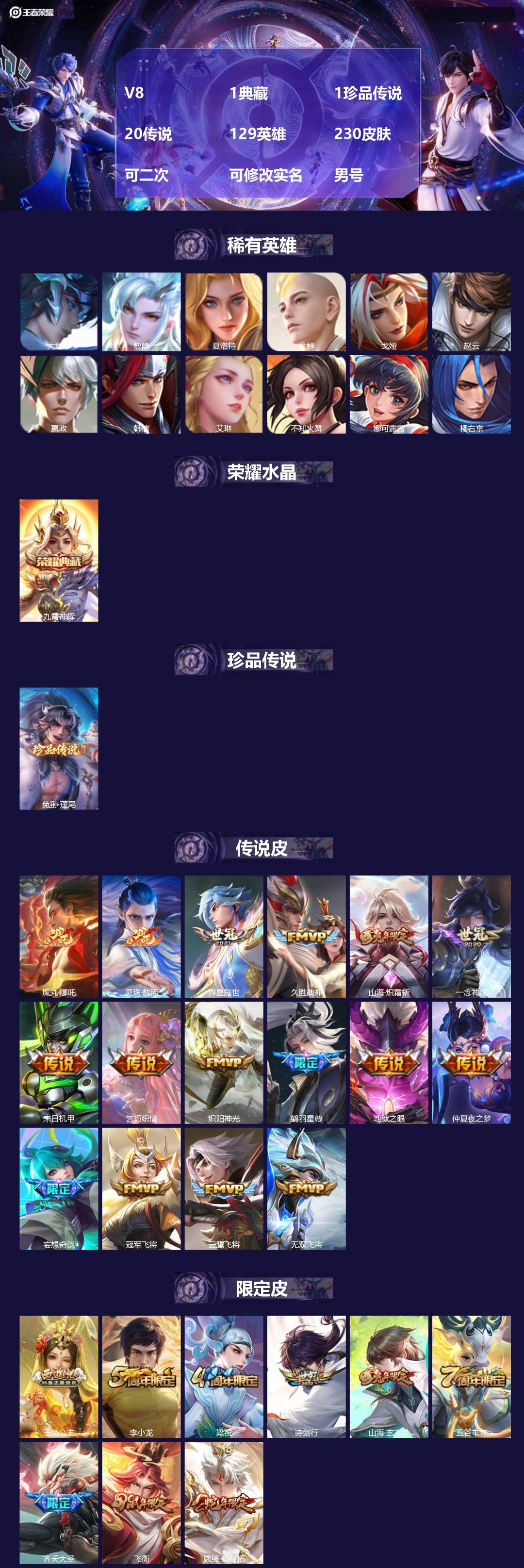 王者荣耀账号安卓QQ[22415865]V8 1典藏 1珍品传说 20传说 129英雄 230皮肤 可二次 可修改实名 