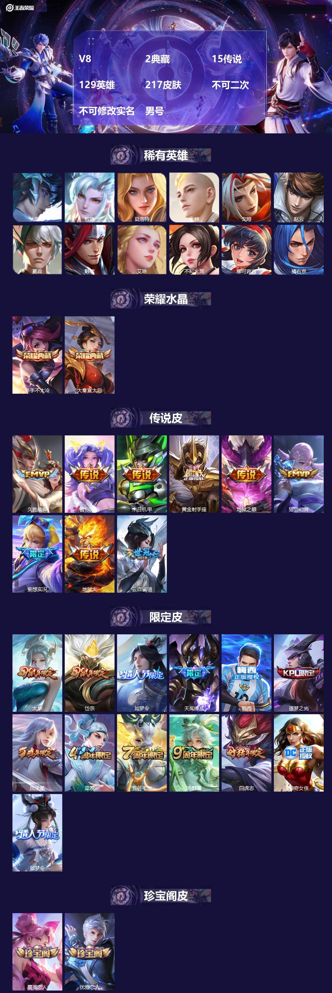 王者荣耀账号苹果QQ[22416052]V8 2典藏 15传说 129英雄 217皮肤 不可二次 不可修改实名 男号 
