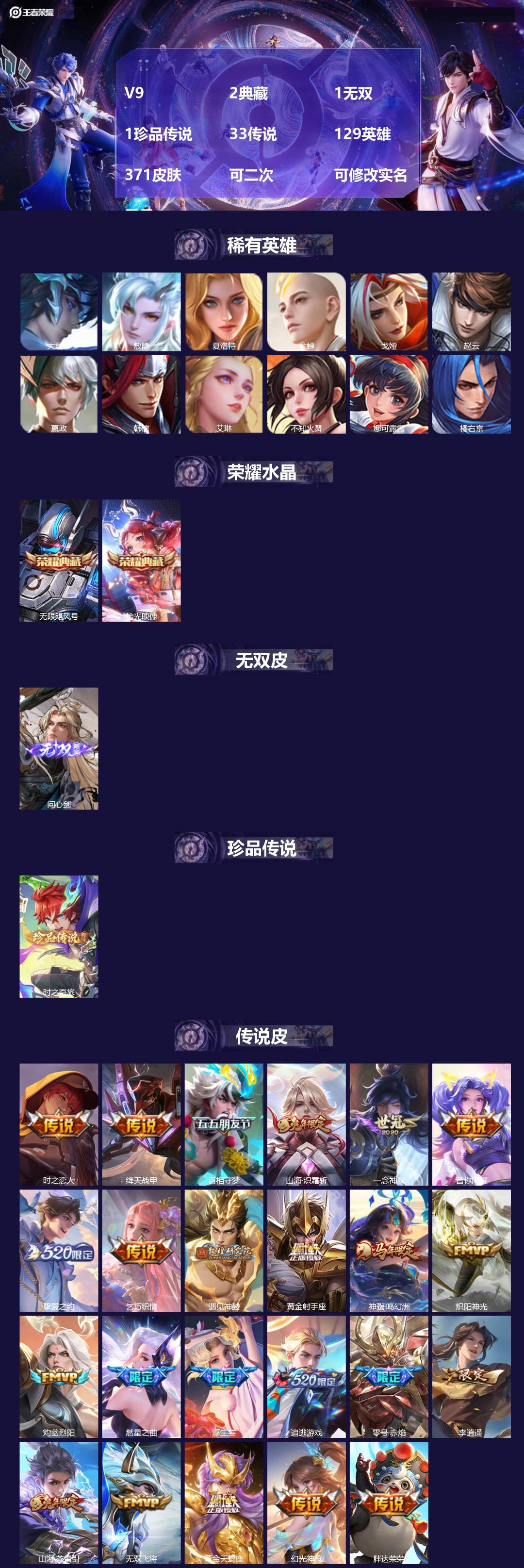 王者荣耀账号安卓QQ[22424387]V9 2典藏 1无双 1珍品传说 33传说 129英雄 371皮肤 可二次 可修