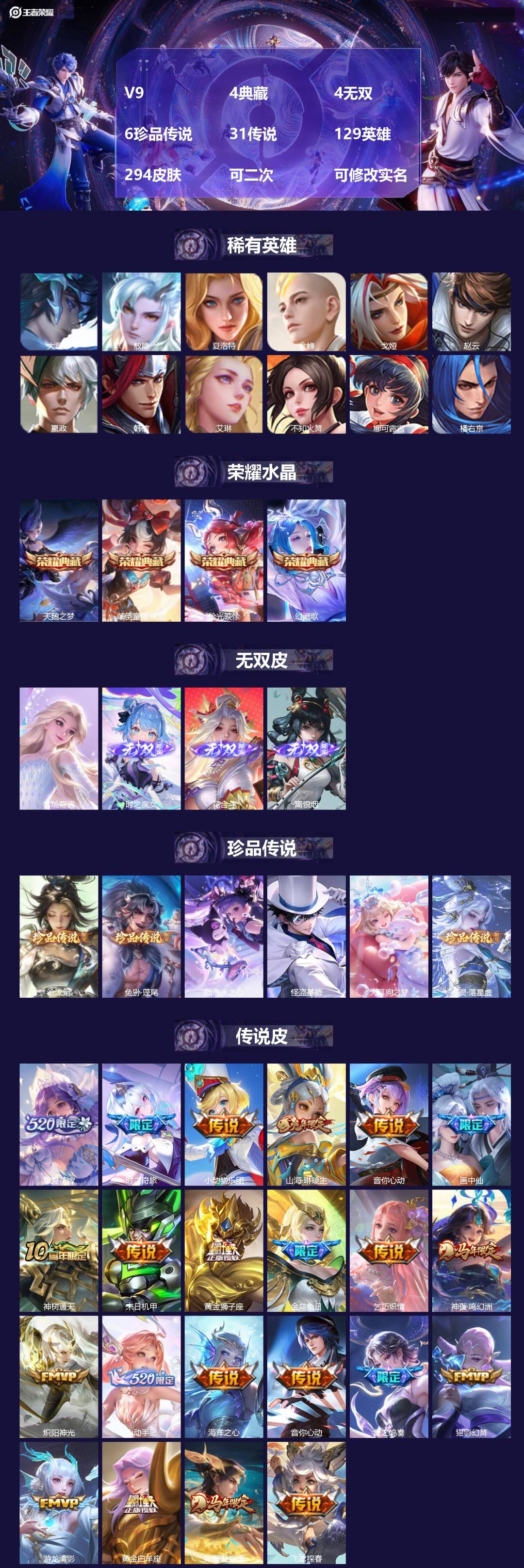 王者荣耀账号安卓QQV9 4典藏 4无双 6珍品传说 31传说 129英雄 294皮肤 可二次 可修改实名 女号 
【英